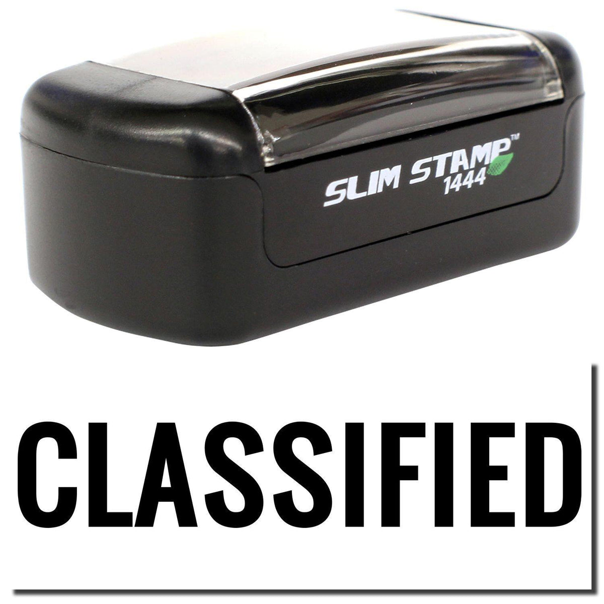 A stock office pre-inked stamp with a stamped image showing how the text &quot;CLASSIFIED&quot; is displayed after stamping.