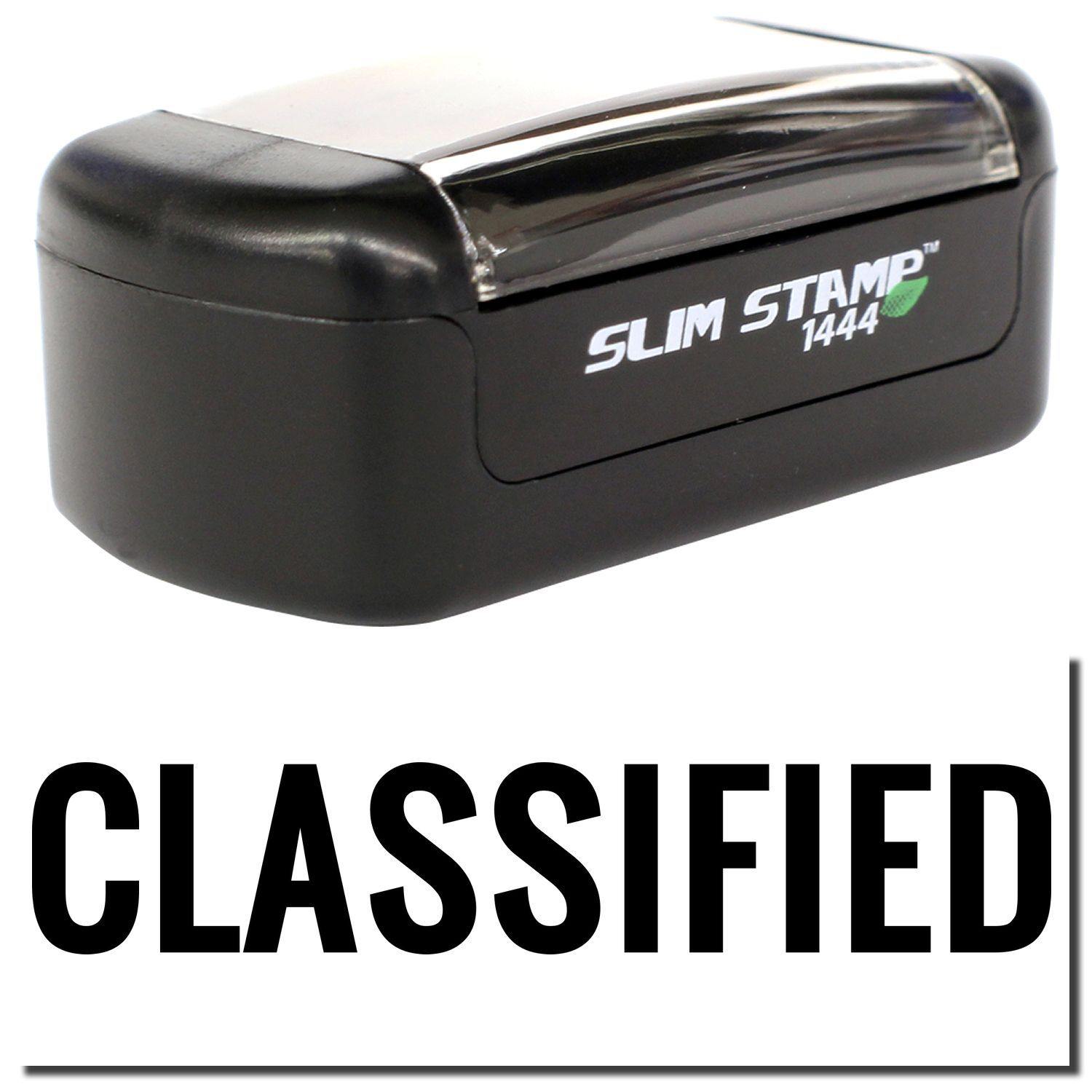 A stock office pre-inked stamp with a stamped image showing how the text "CLASSIFIED" is displayed after stamping.