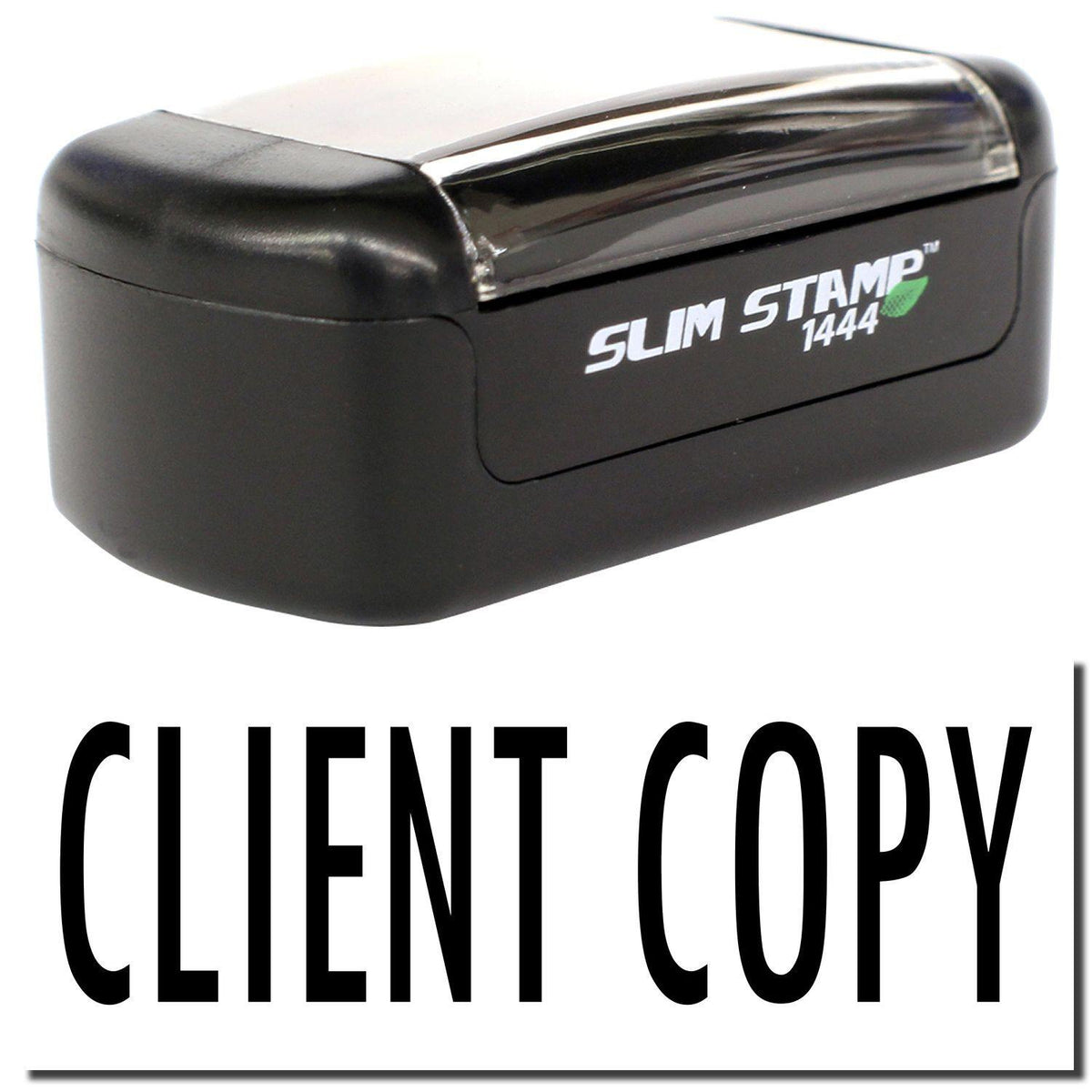 A stock office pre-inked stamp with a stamped image showing how the text &quot;CLIENT COPY&quot; is displayed after stamping.