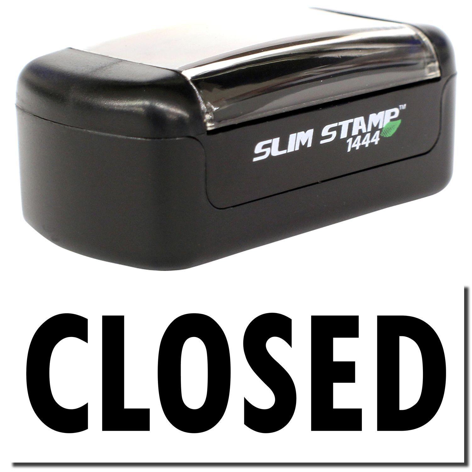 A stock office pre-inked stamp with a stamped image showing how the text "CLOSED" is displayed after stamping.