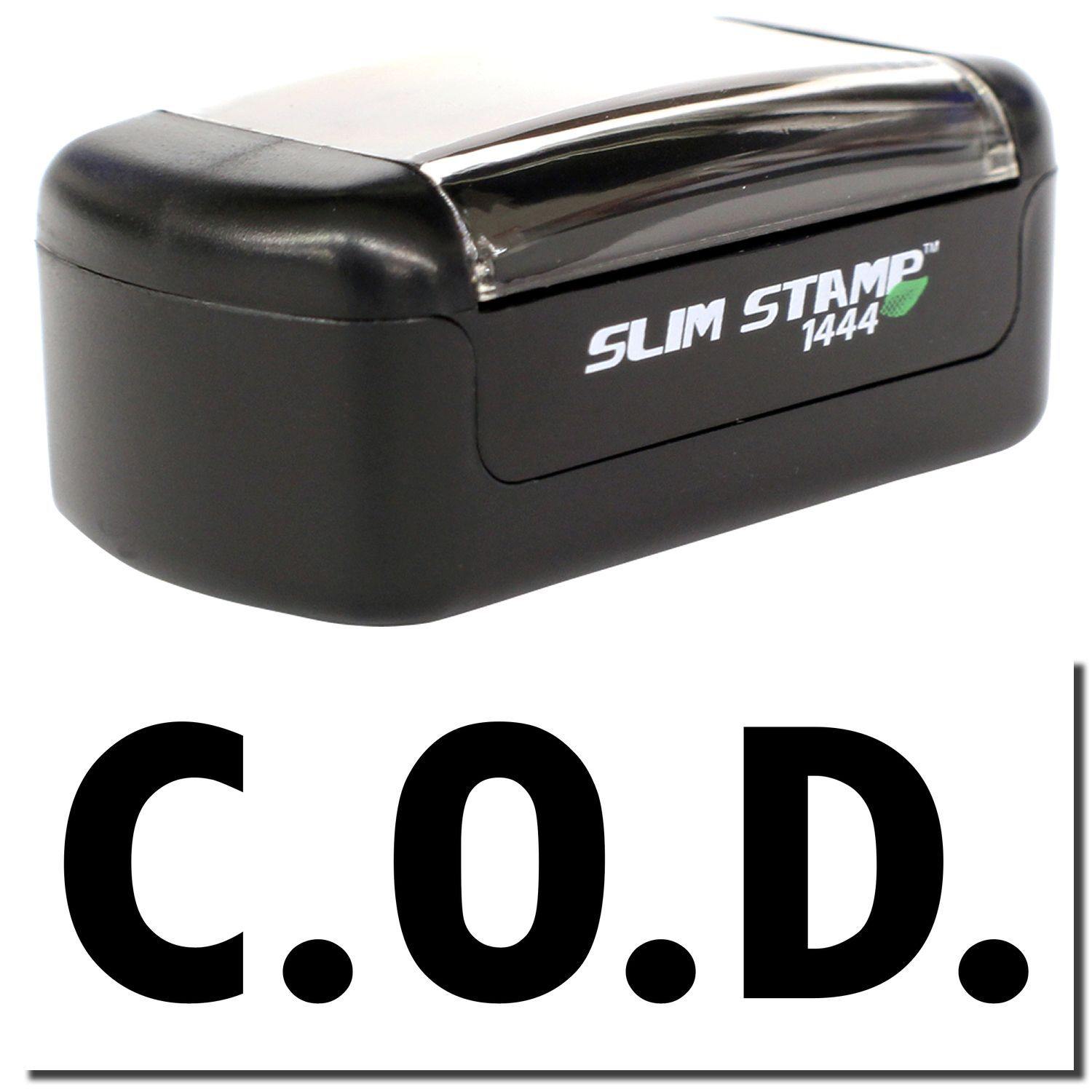 A stock office pre-inked stamp with a stamped image showing how the text "C.O.D." is displayed after stamping.