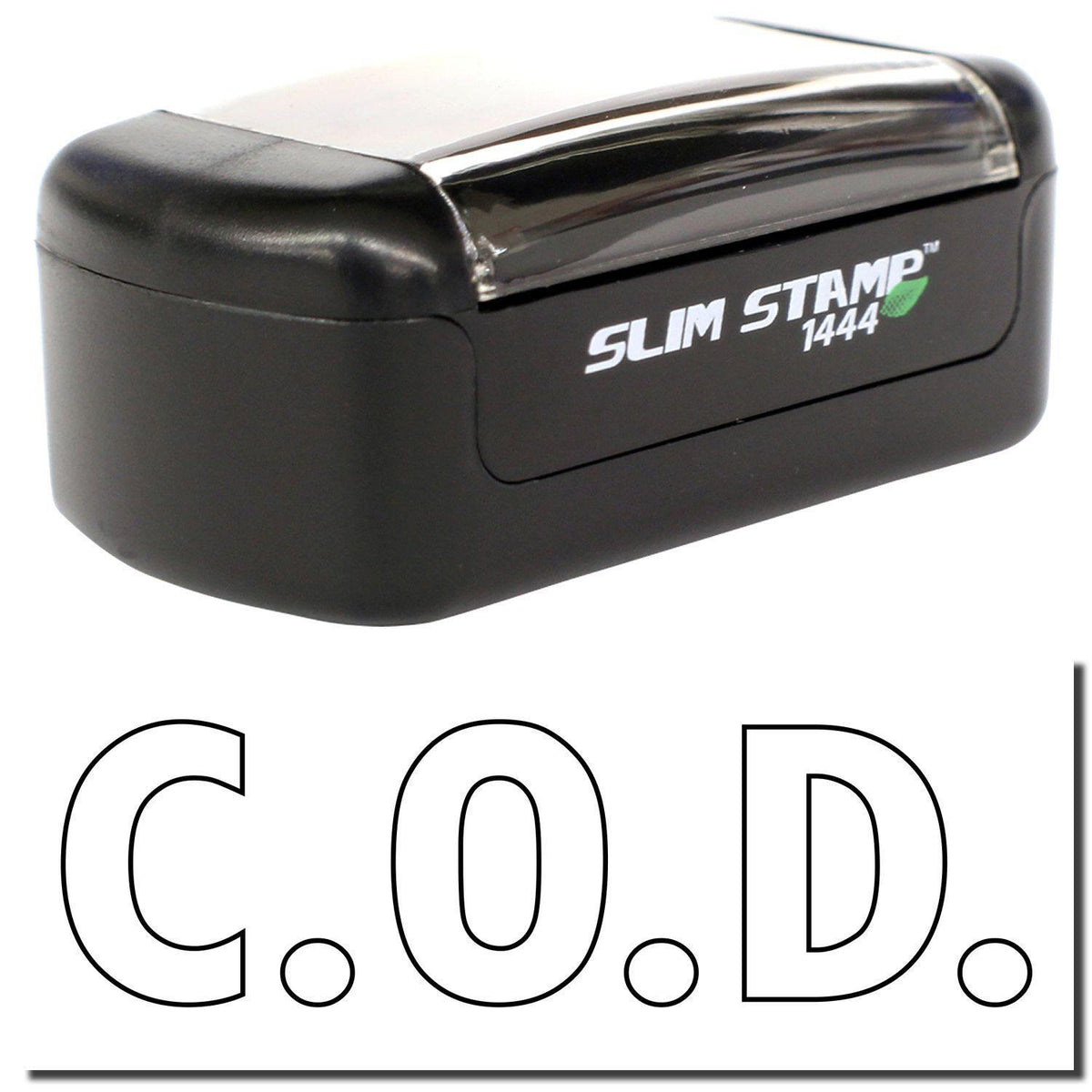 A stock office pre-inked stamp with a stamped image showing how the text &quot;C.O.D.&quot; in an outline style is displayed after stamping.