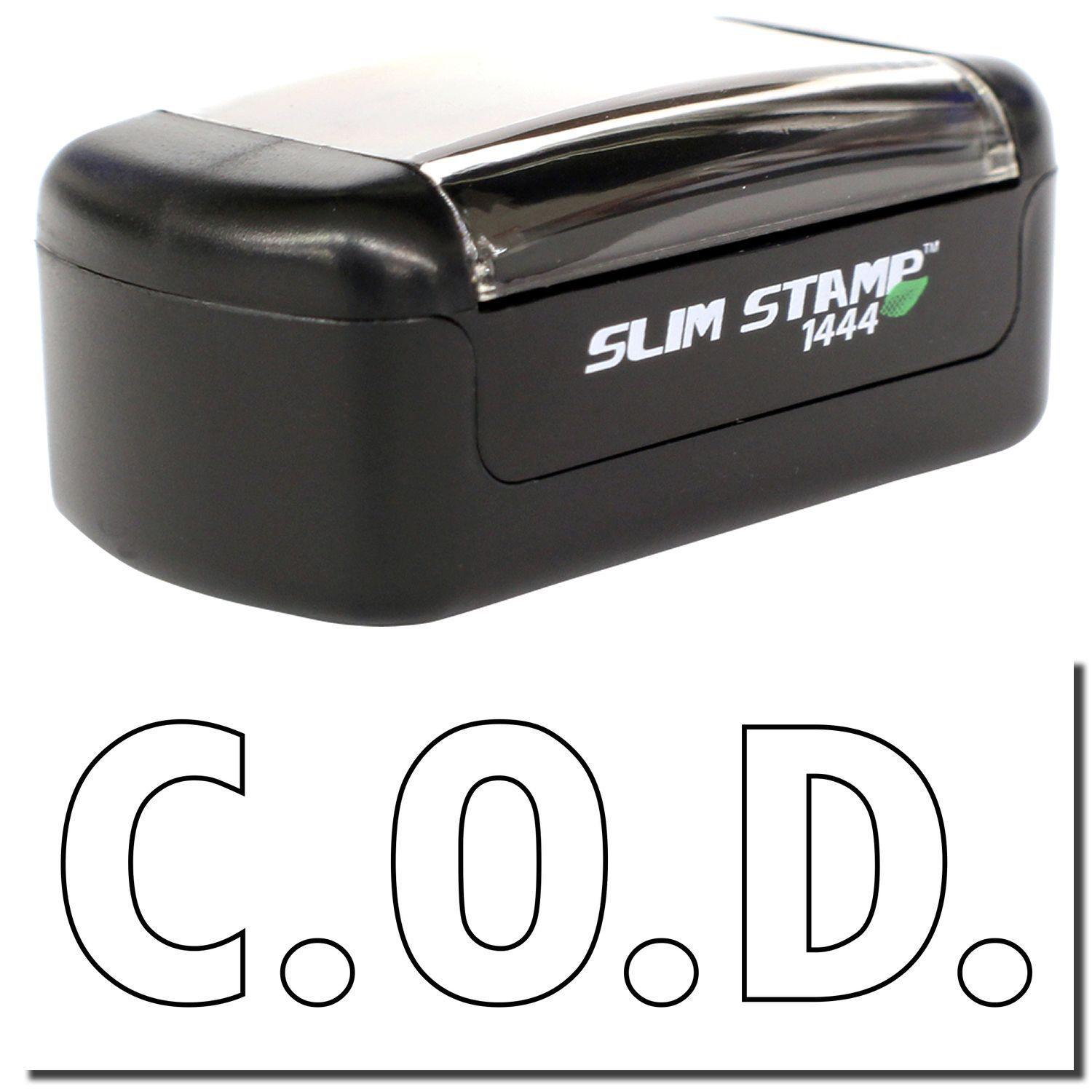 A stock office pre-inked stamp with a stamped image showing how the text "C.O.D." in an outline style is displayed after stamping.
