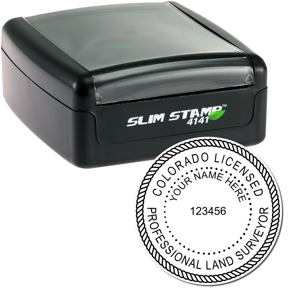 The main image for the Slim Pre-Inked Colorado Land Surveyor Seal Stamp depicting a sample of the imprint and electronic files