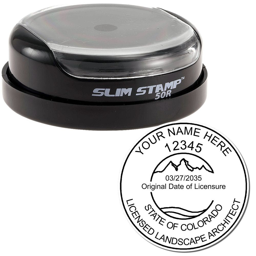 The main image for the Slim Pre-Inked Colorado Landscape Architect Seal Stamp depicting a sample of the imprint and electronic files