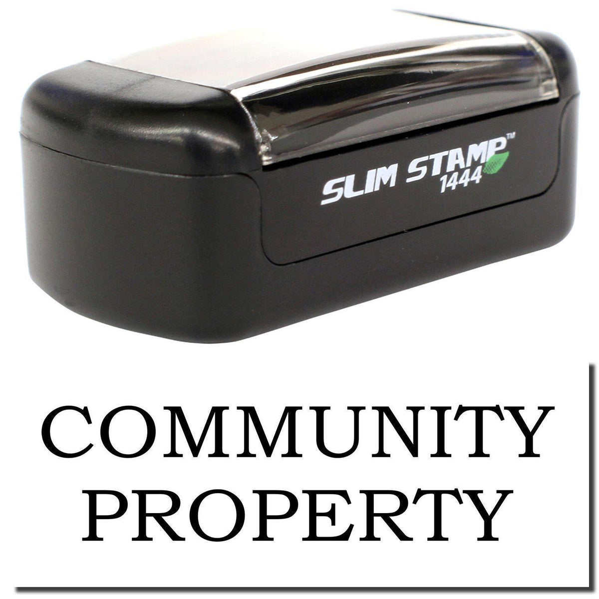 A stock office pre-inked stamp with a stamped image showing how the text &quot;COMMUNITY PROPERTY&quot; is displayed after stamping.
