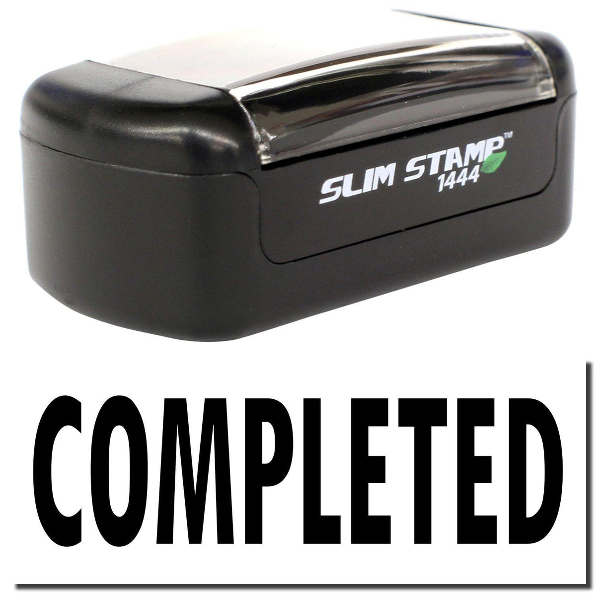A stock office pre-inked stamp with a stamped image showing how the text &quot;COMPLETED&quot; is displayed after stamping.