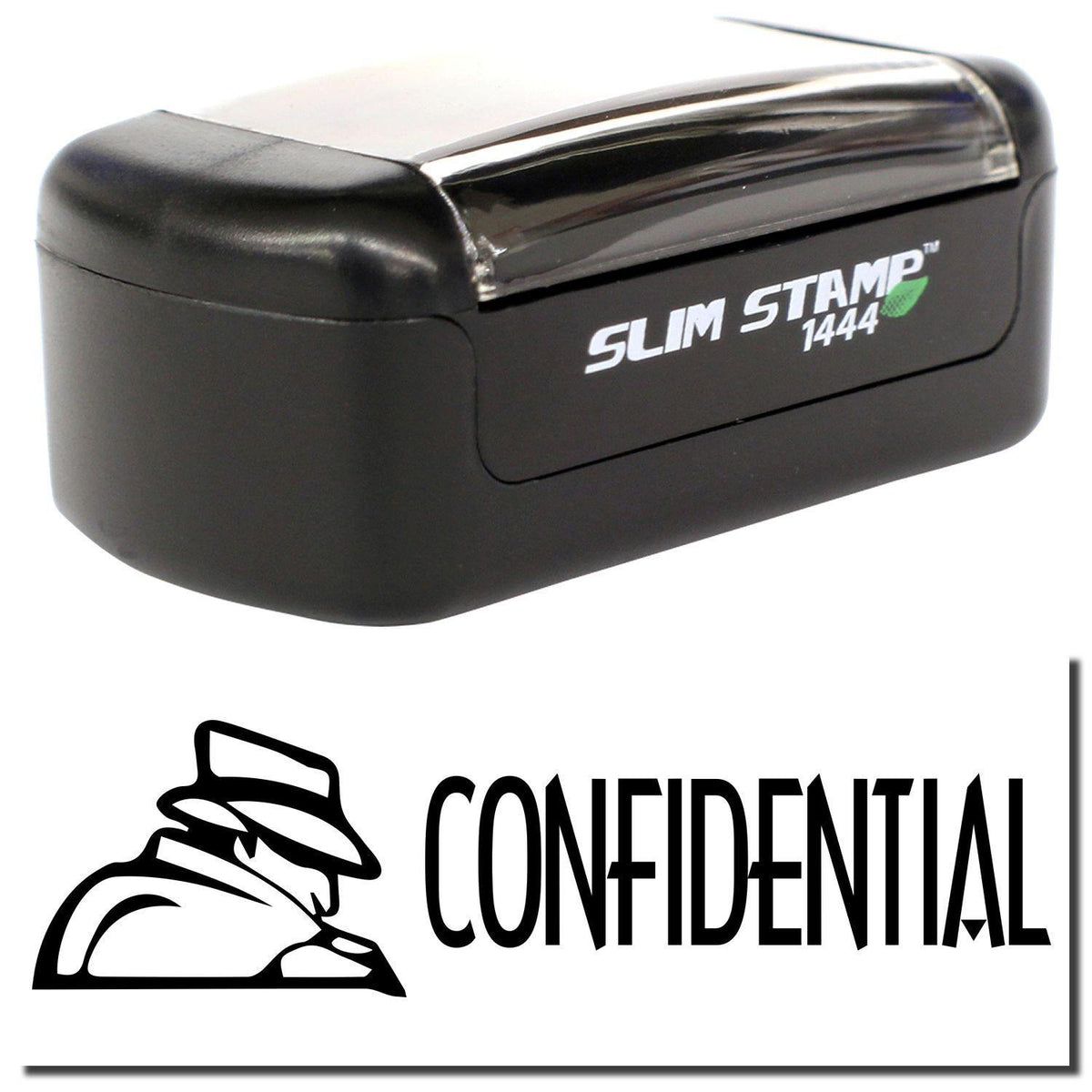 A stock office pre-inked stamp with a stamped image showing how the text &quot;CONFIDENTIAL&quot; with an eye-catching logo on the left side is displayed after stamping.