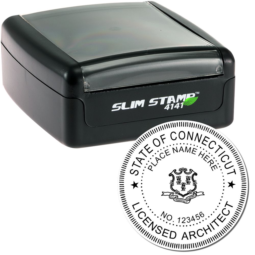 The main image for the Slim Pre-Inked Connecticut Architect Seal Stamp depicting a sample of the imprint and electronic files