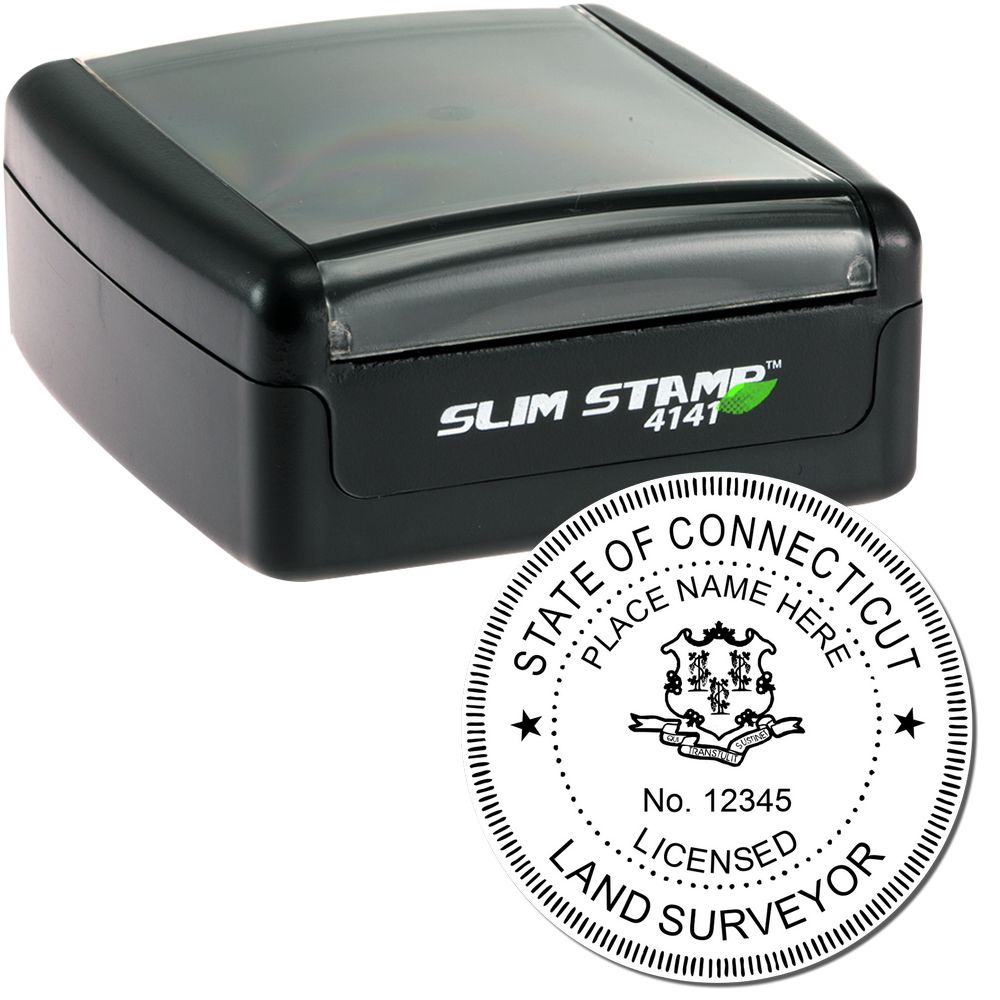 The main image for the Slim Pre-Inked Connecticut Land Surveyor Seal Stamp depicting a sample of the imprint and electronic files