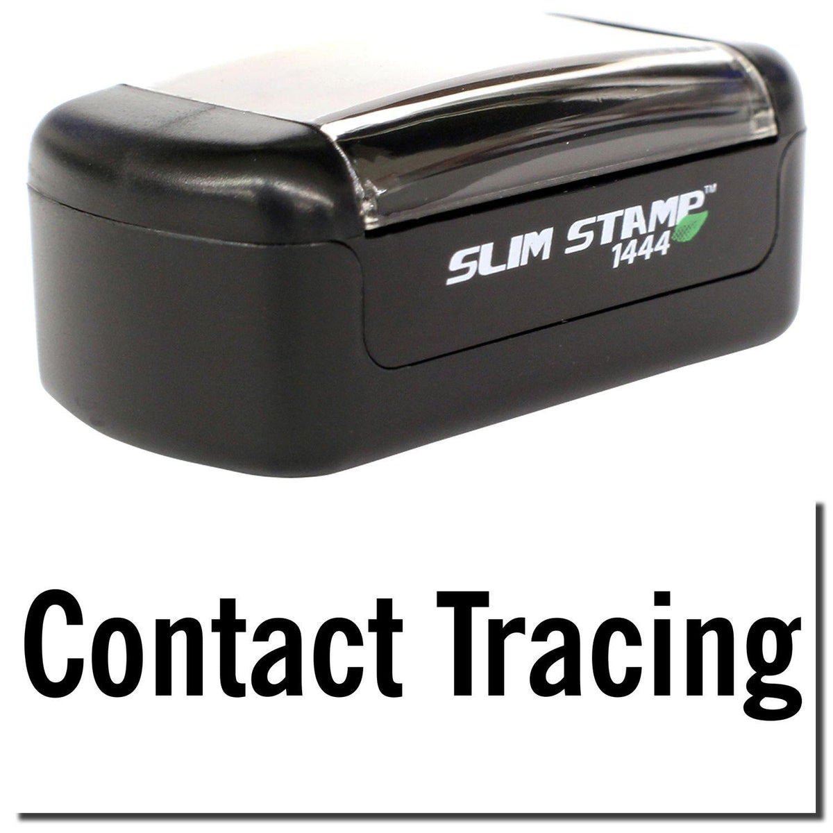 A stock office pre-inked stamp with a stamped image showing how the text &quot;Contact Tracing&quot; is displayed after stamping.