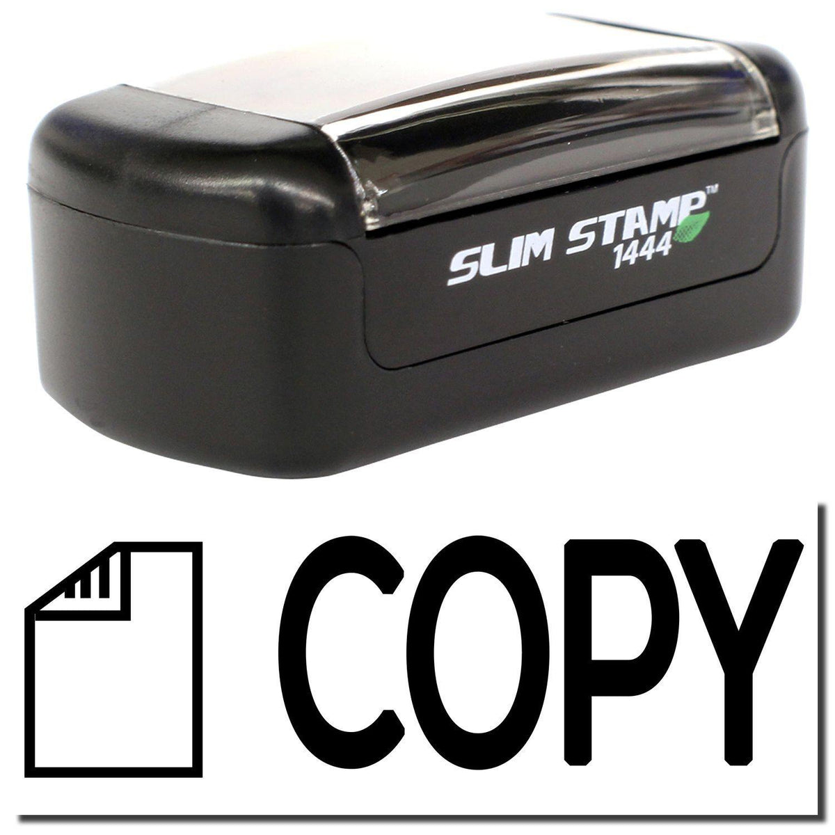 A stock office pre-inked stamp with a stamped image showing how the text &quot;COPY&quot; in a bold font and a small image of a letter on the left is displayed after stamping.
