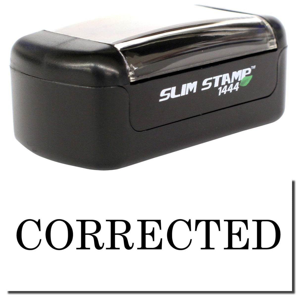 A stock office pre-inked stamp with a stamped image showing how the text &quot;CORRECTED&quot; is displayed after stamping.
