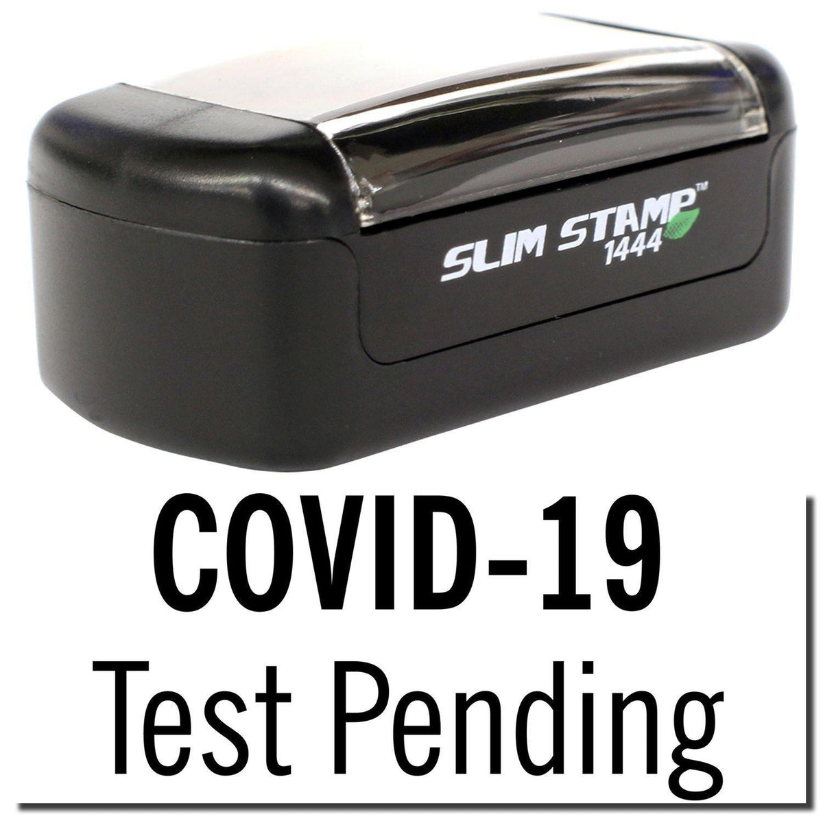 A stock office pre-inked stamp with a stamped image showing how the text &quot;COVID-19 Test Pending&quot; is displayed after stamping.