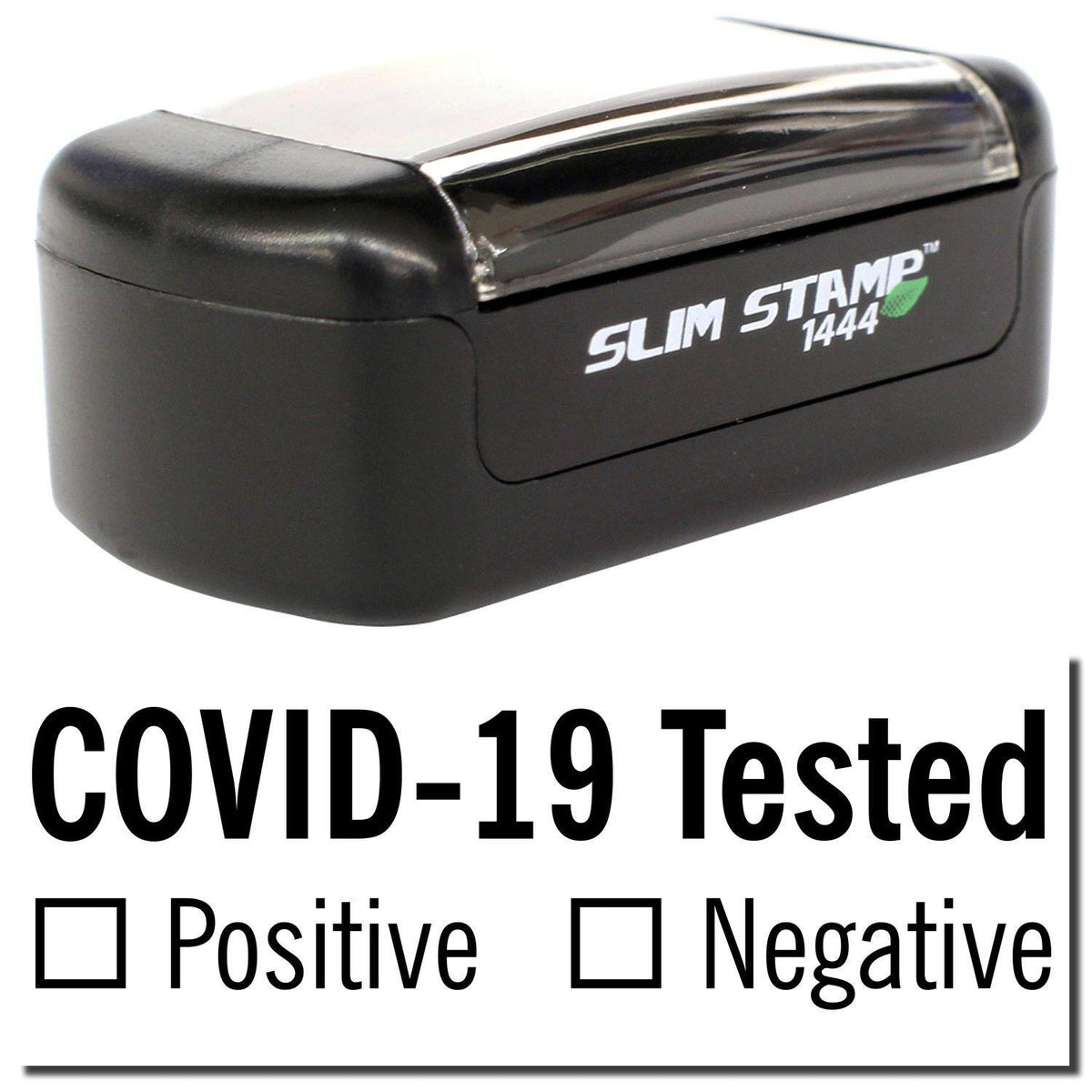 A stock office pre-inked stamp with a stamped image showing how the text &quot;COVID-19 Tested&quot; with a space underneath to check a box based on whether a person is positive or negative for the virus is displayed after stamping.