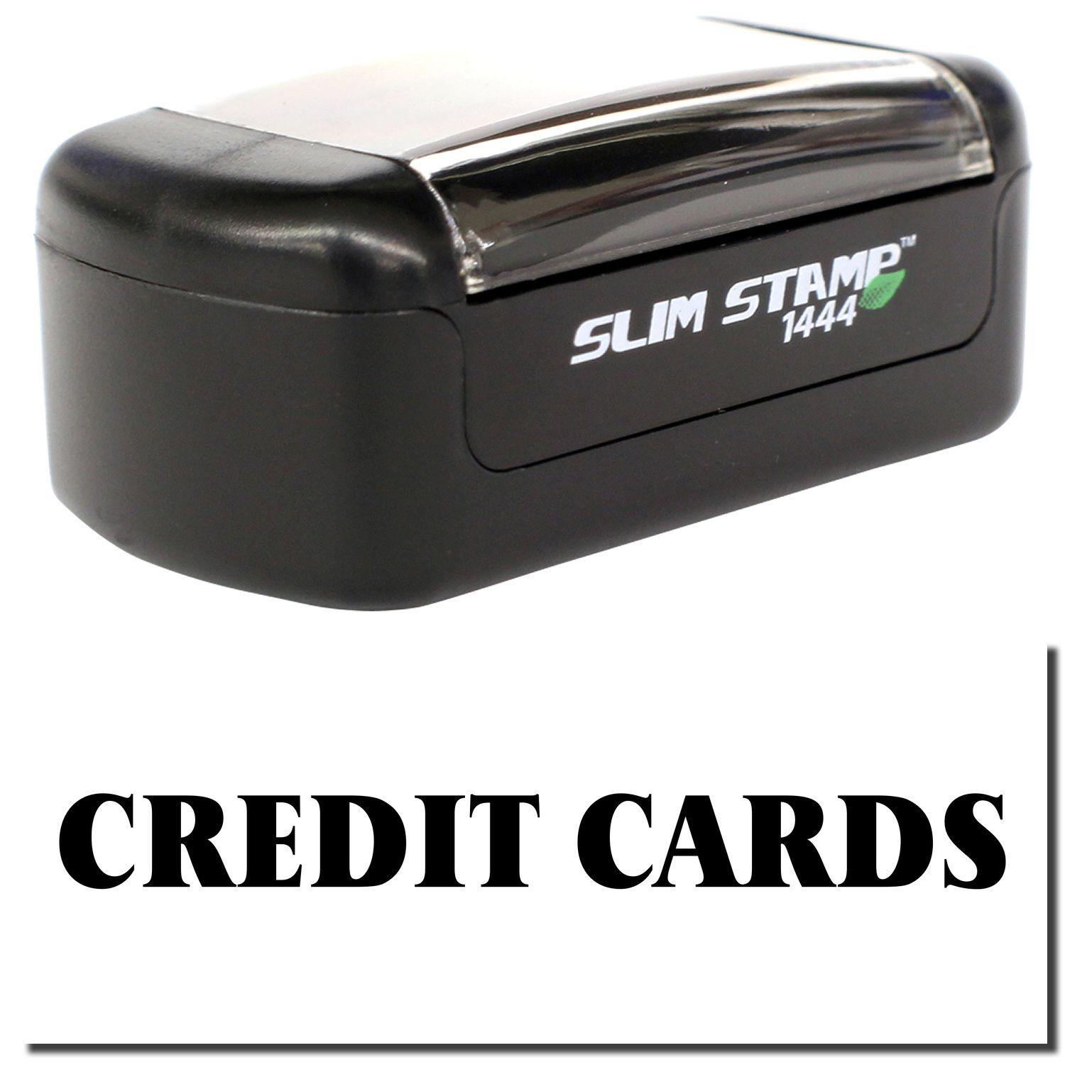 A stock office pre-inked stamp with a stamped image showing how the text CREDIT CARDS is displayed after stamping.