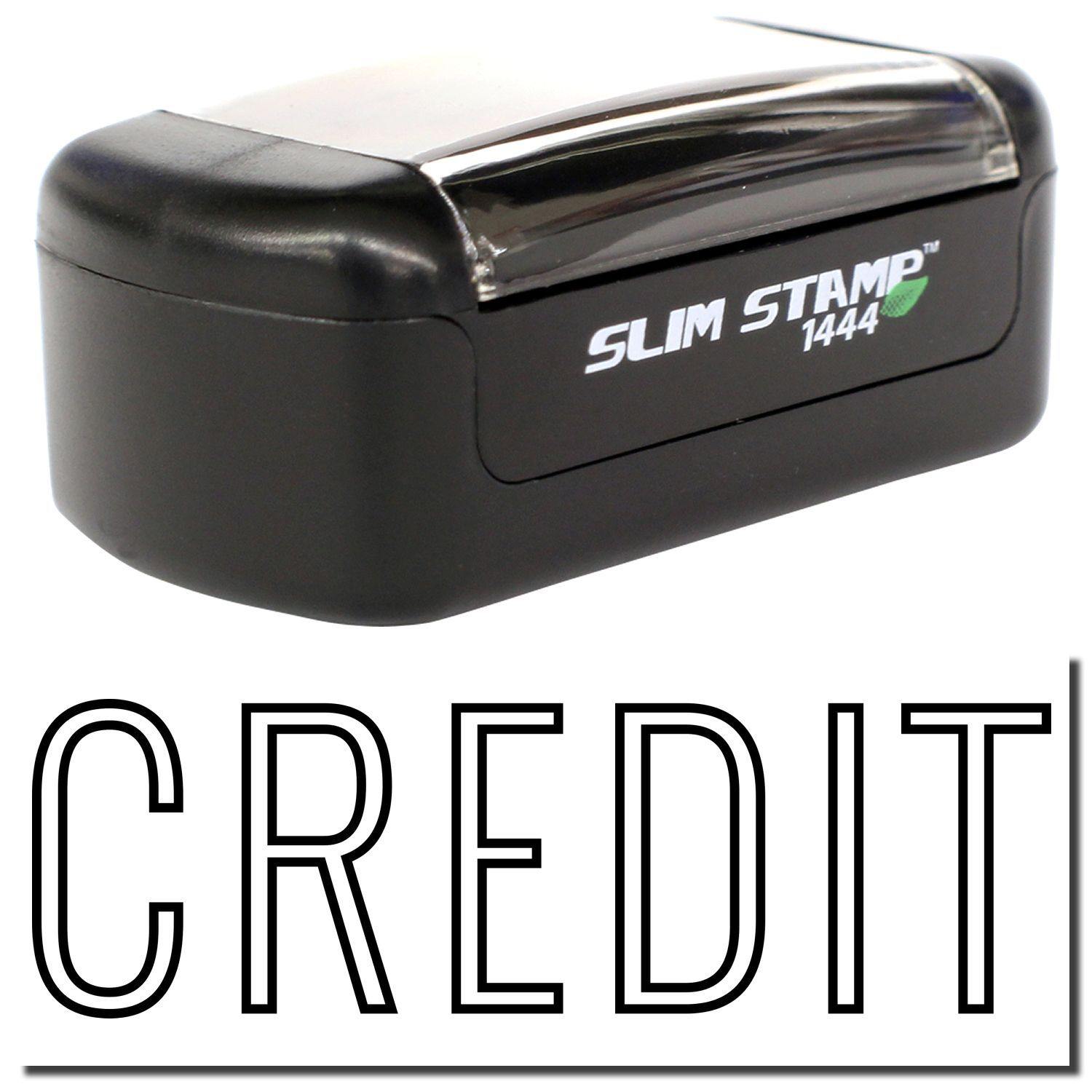 A stock office pre-inked stamp with a stamped image showing how the text CREDIT in an outline font is displayed after stamping.