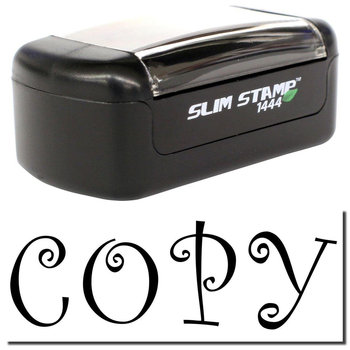 A stock office pre-inked stamp with a stamped image showing how the text &quot;COPY&quot; in a curly font is displayed after stamping.