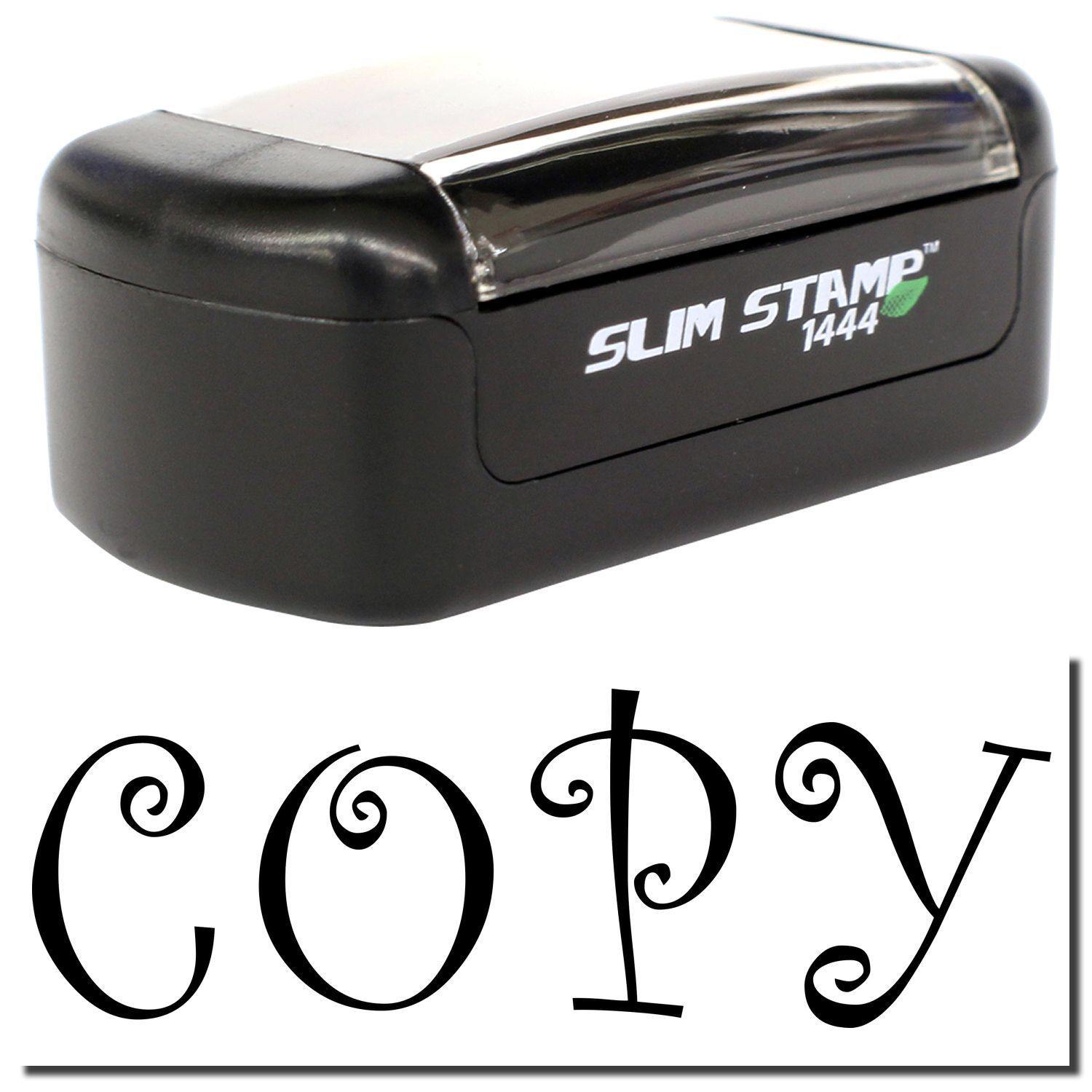 A stock office pre-inked stamp with a stamped image showing how the text "COPY" in a curly font is displayed after stamping.