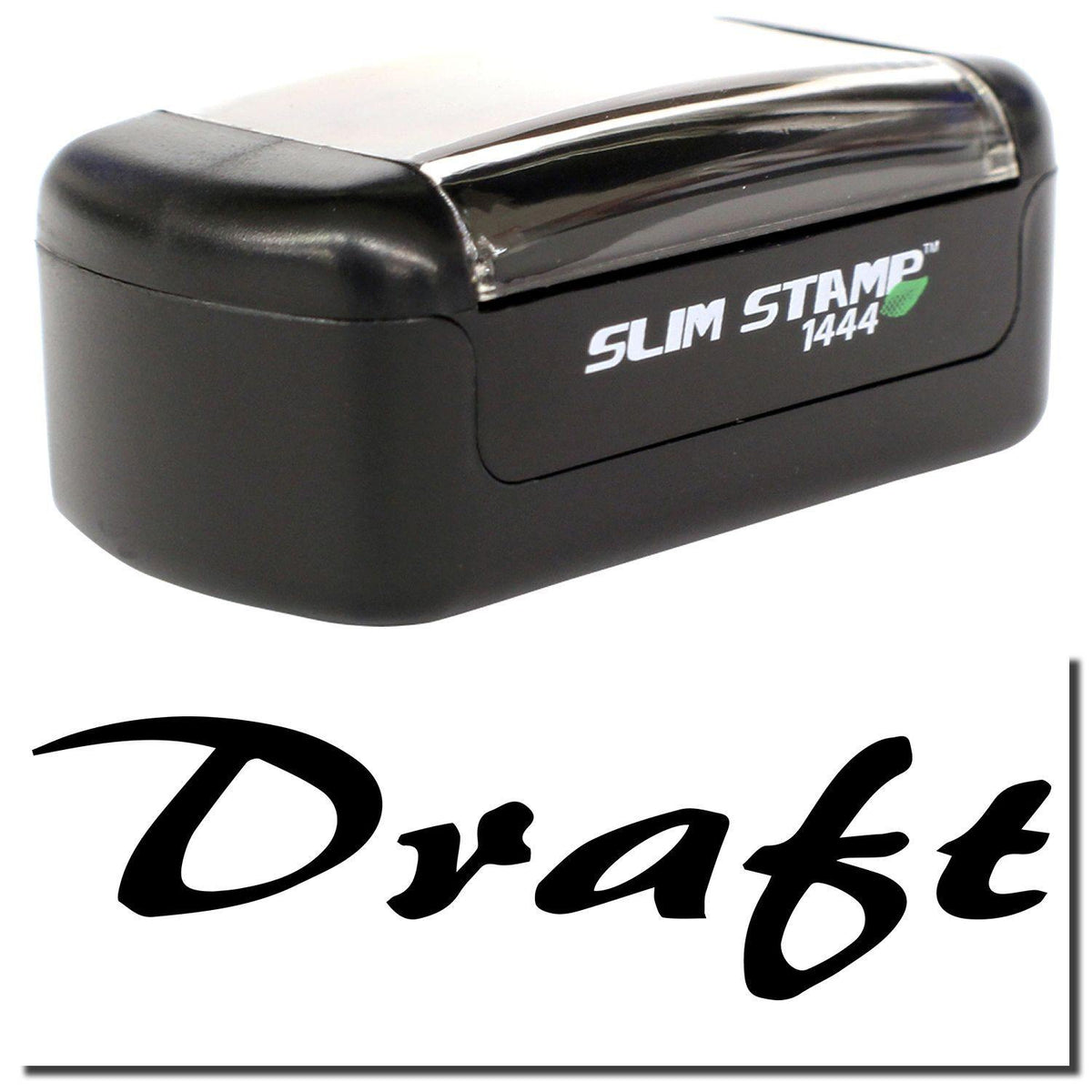 A stock office pre-inked stamp with a stamped image showing how the text &quot;Draft&quot; in a cursive font is displayed after stamping.