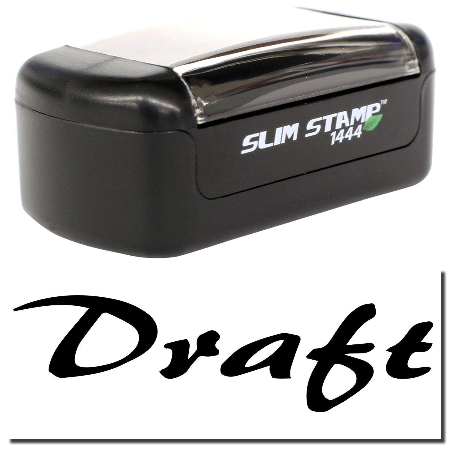 A stock office pre-inked stamp with a stamped image showing how the text "Draft" in a cursive font is displayed after stamping.