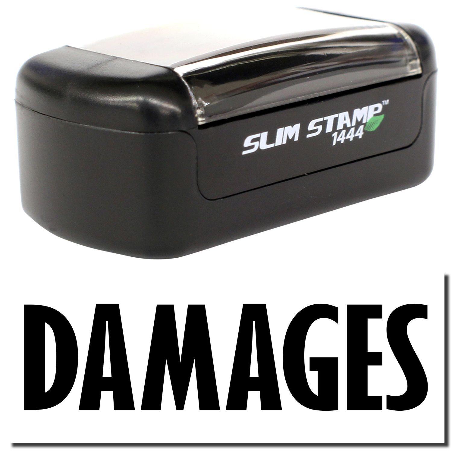 A stock office pre-inked stamp with a stamped image showing how the text DAMAGES is displayed after stamping.