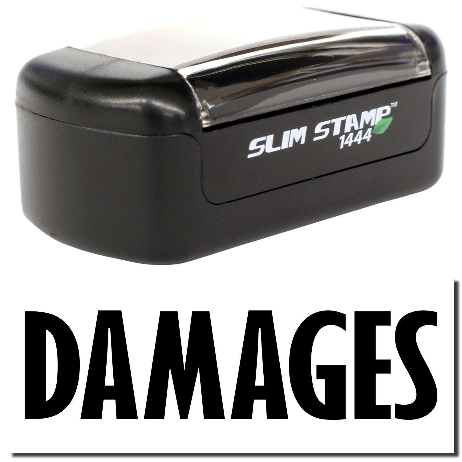 A stock office pre-inked stamp with a stamped image showing how the text "DAMAGES" is displayed after stamping.