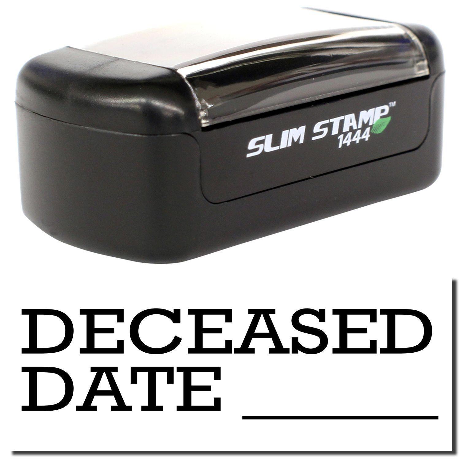 A stock office pre-inked stamp with a stamped image showing how the text DECEASED DATE with a line is displayed after stamping.