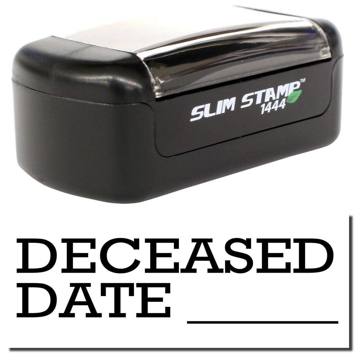A stock office pre-inked stamp with a stamped image showing how the text &quot;DECEASED DATE&quot; with a line is displayed after stamping.