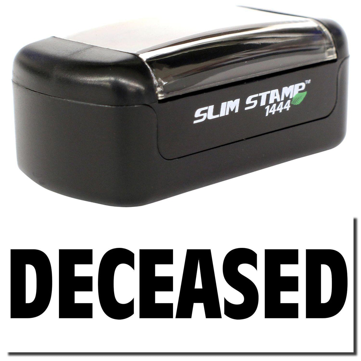 A stock office pre-inked stamp with a stamped image showing how the text &quot;DECEASED&quot; is displayed after stamping.