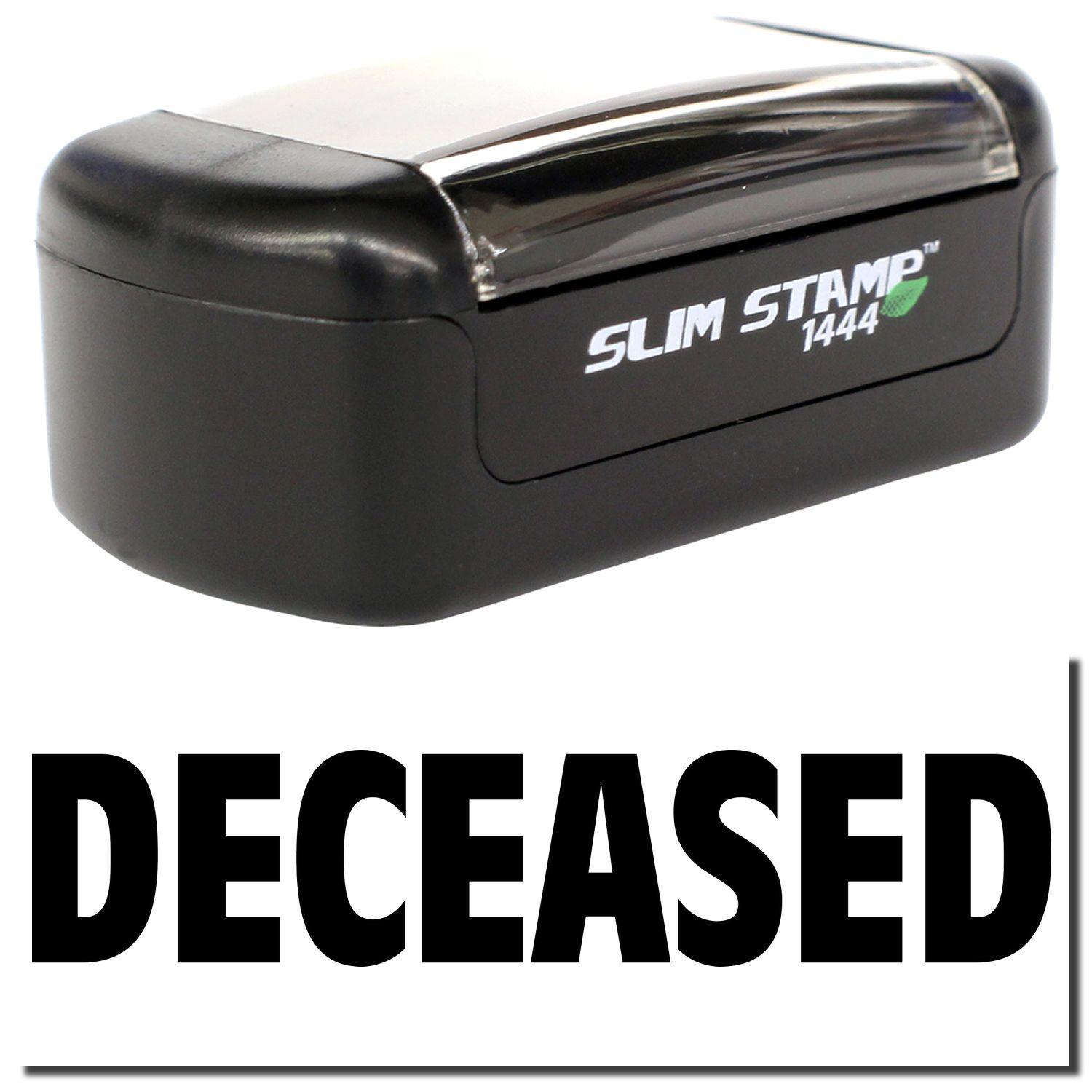 A stock office pre-inked stamp with a stamped image showing how the text "DECEASED" is displayed after stamping.