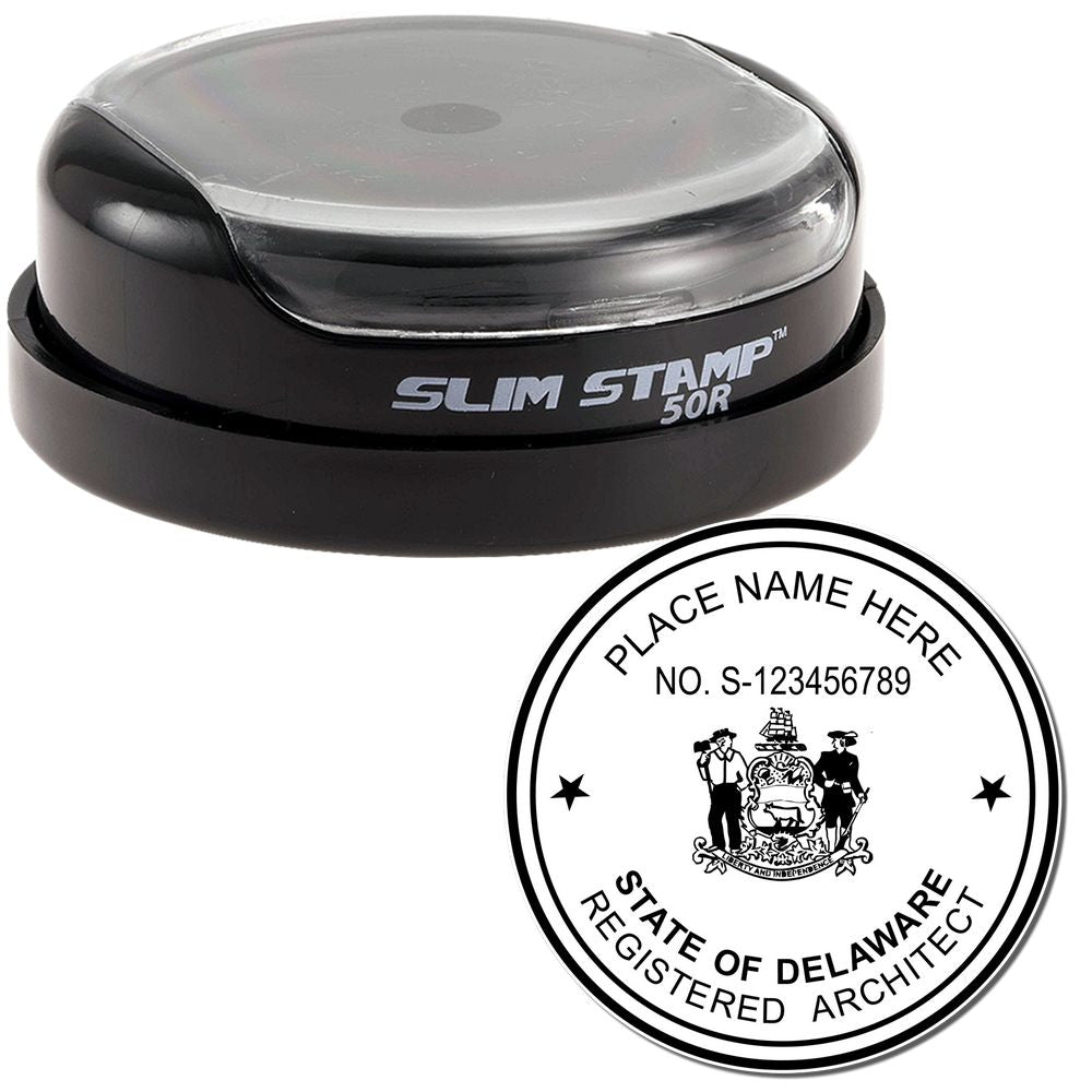 The main image for the Slim Pre-Inked Delaware Architect Seal Stamp depicting a sample of the imprint and electronic files