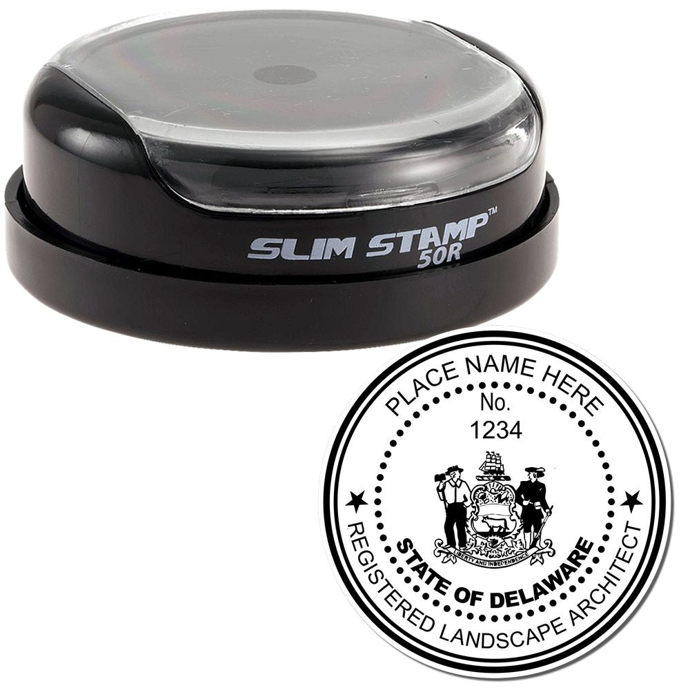 The main image for the Slim Pre-Inked Delaware Landscape Architect Seal Stamp depicting a sample of the imprint and electronic files