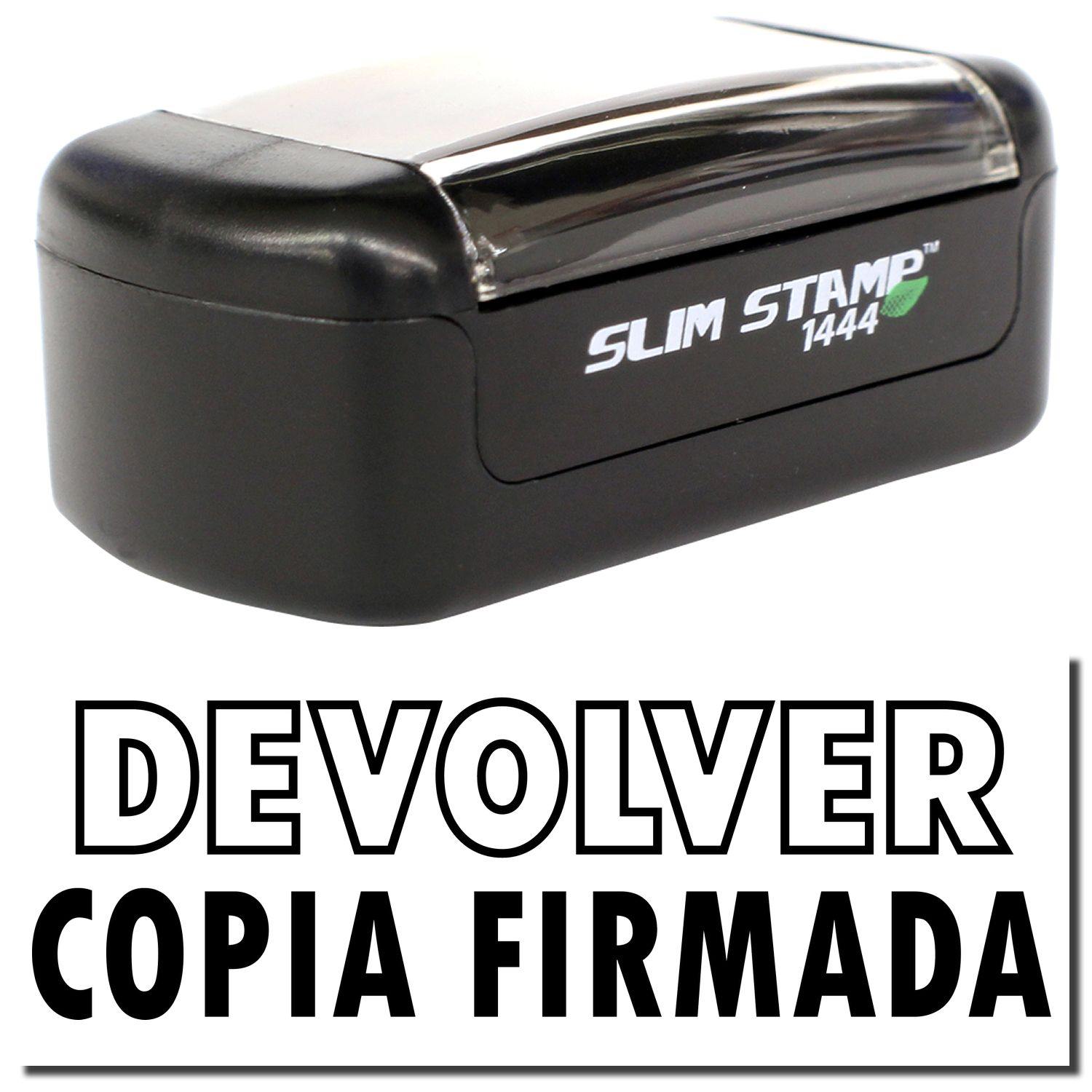 A stock office pre-inked stamp with a stamped image showing how the text DEVOLVER COPIA FIRMADA is displayed after stamping.