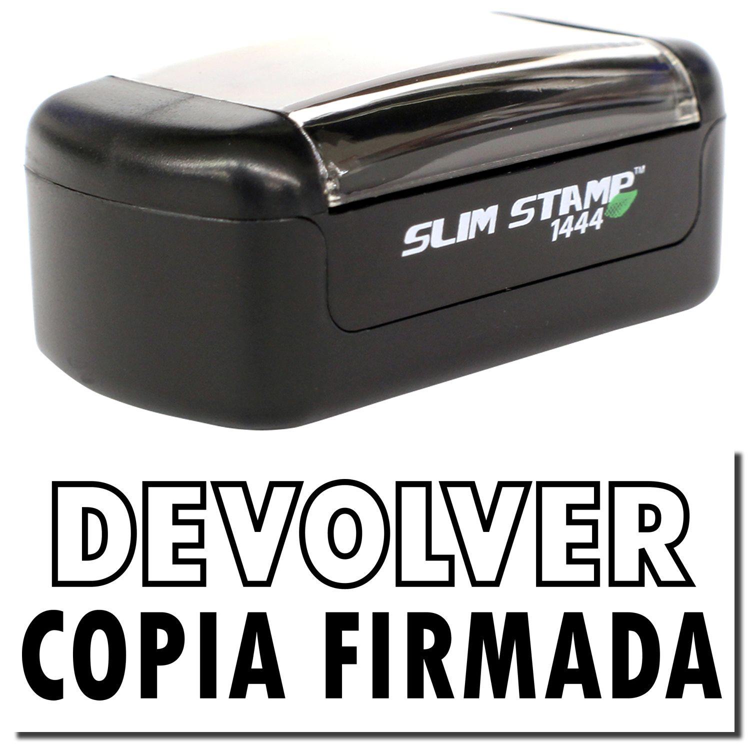 A stock office pre-inked stamp with a stamped image showing how the text "DEVOLVER COPIA FIRMADA" is displayed after stamping.
