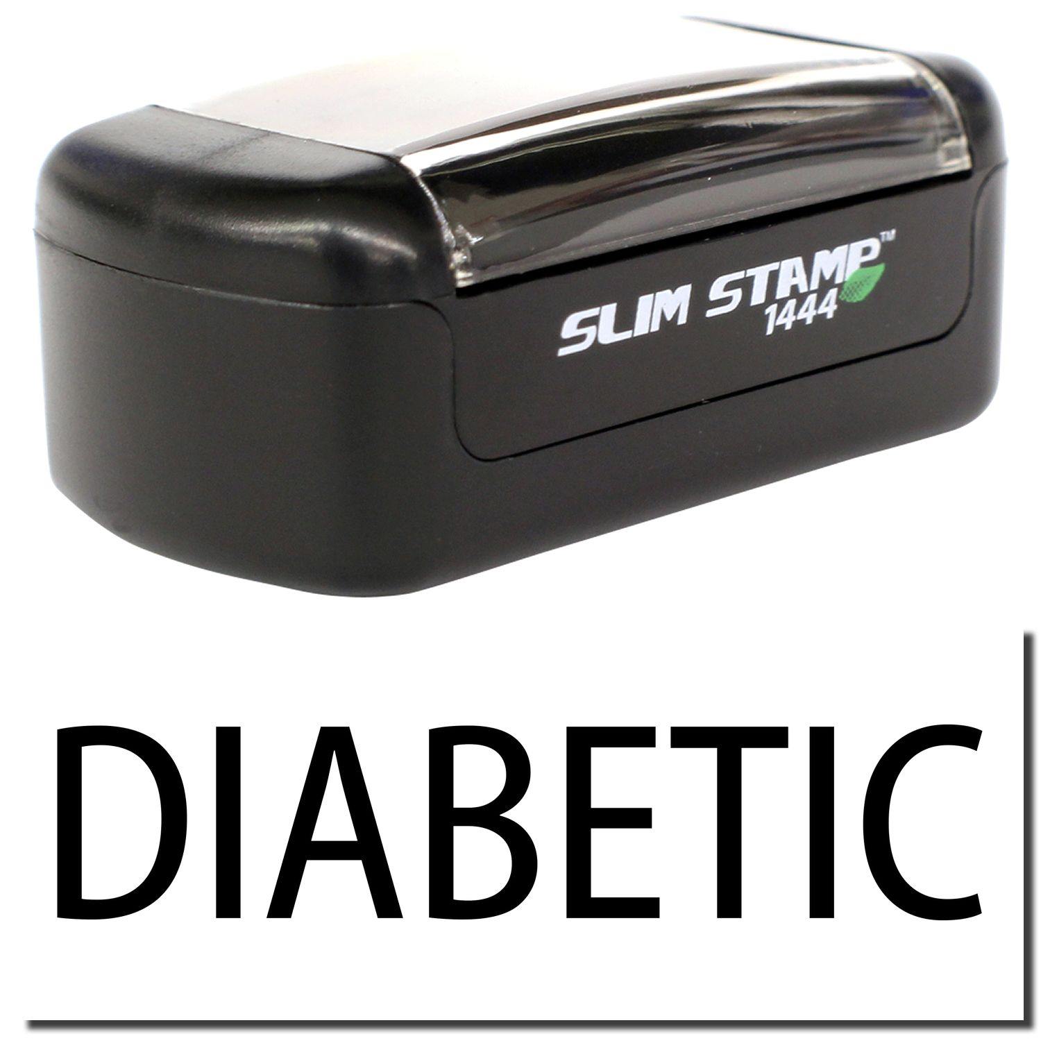 A stock office pre-inked stamp with a stamped image showing how the text DIABETIC is displayed after stamping.