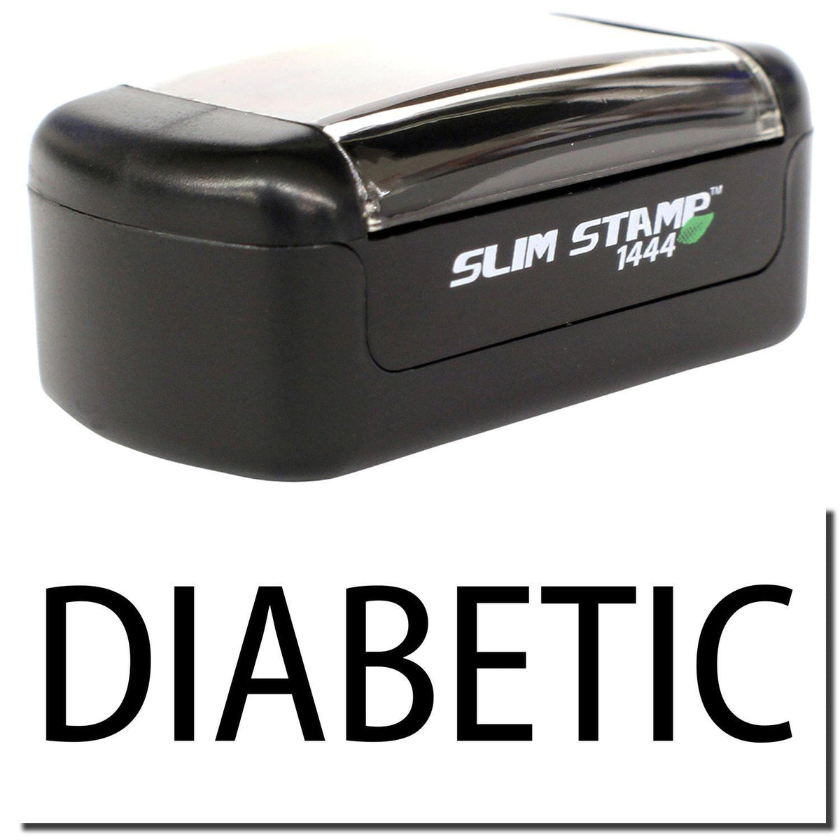 A stock office pre-inked stamp with a stamped image showing how the text &quot;DIABETIC&quot; is displayed after stamping.