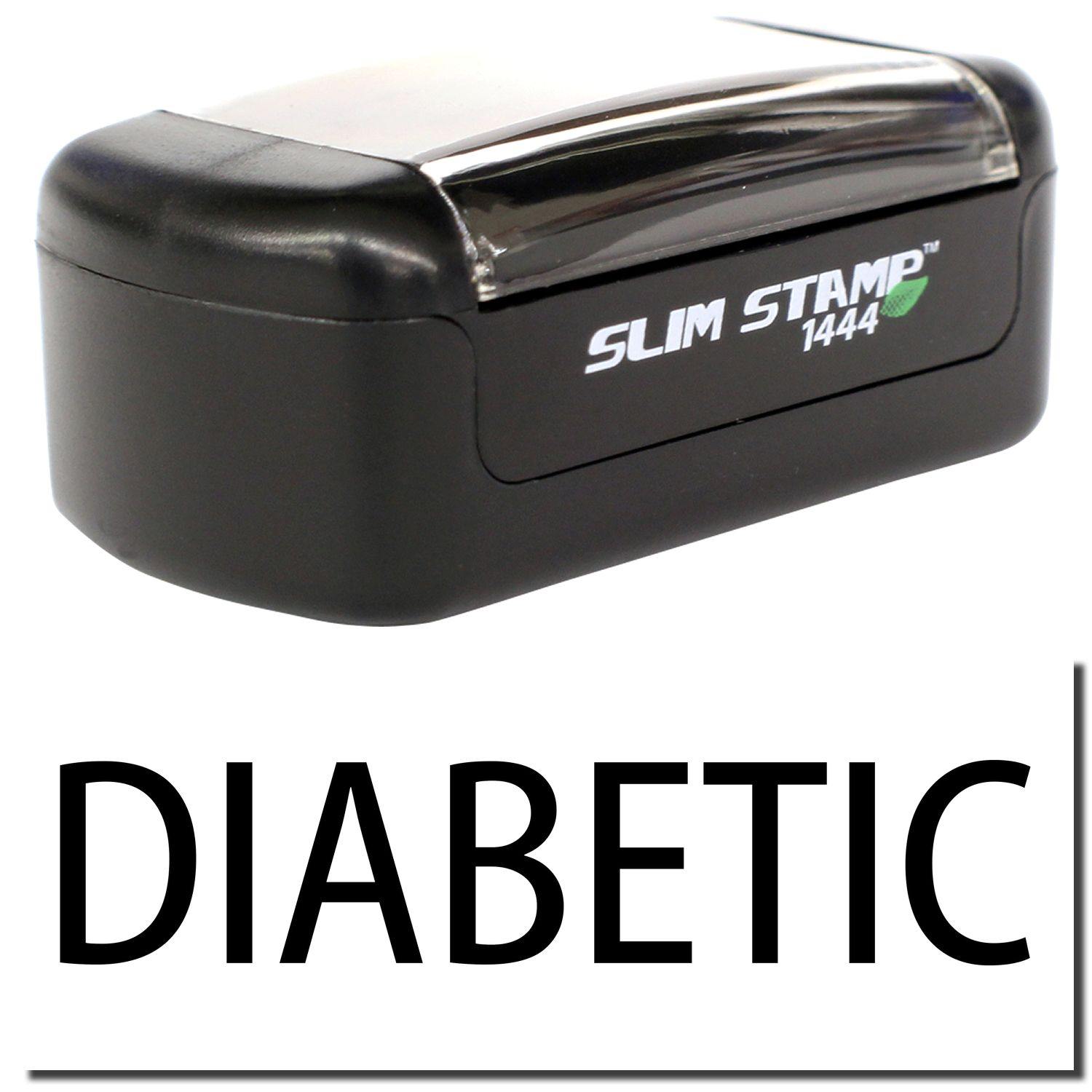 A stock office pre-inked stamp with a stamped image showing how the text "DIABETIC" is displayed after stamping.
