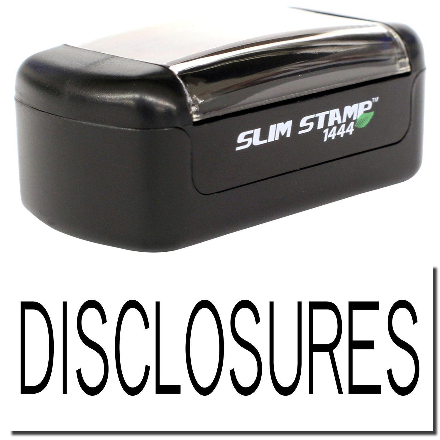 A stock office pre-inked stamp with a stamped image showing how the text DISCLOSURES is displayed after stamping.