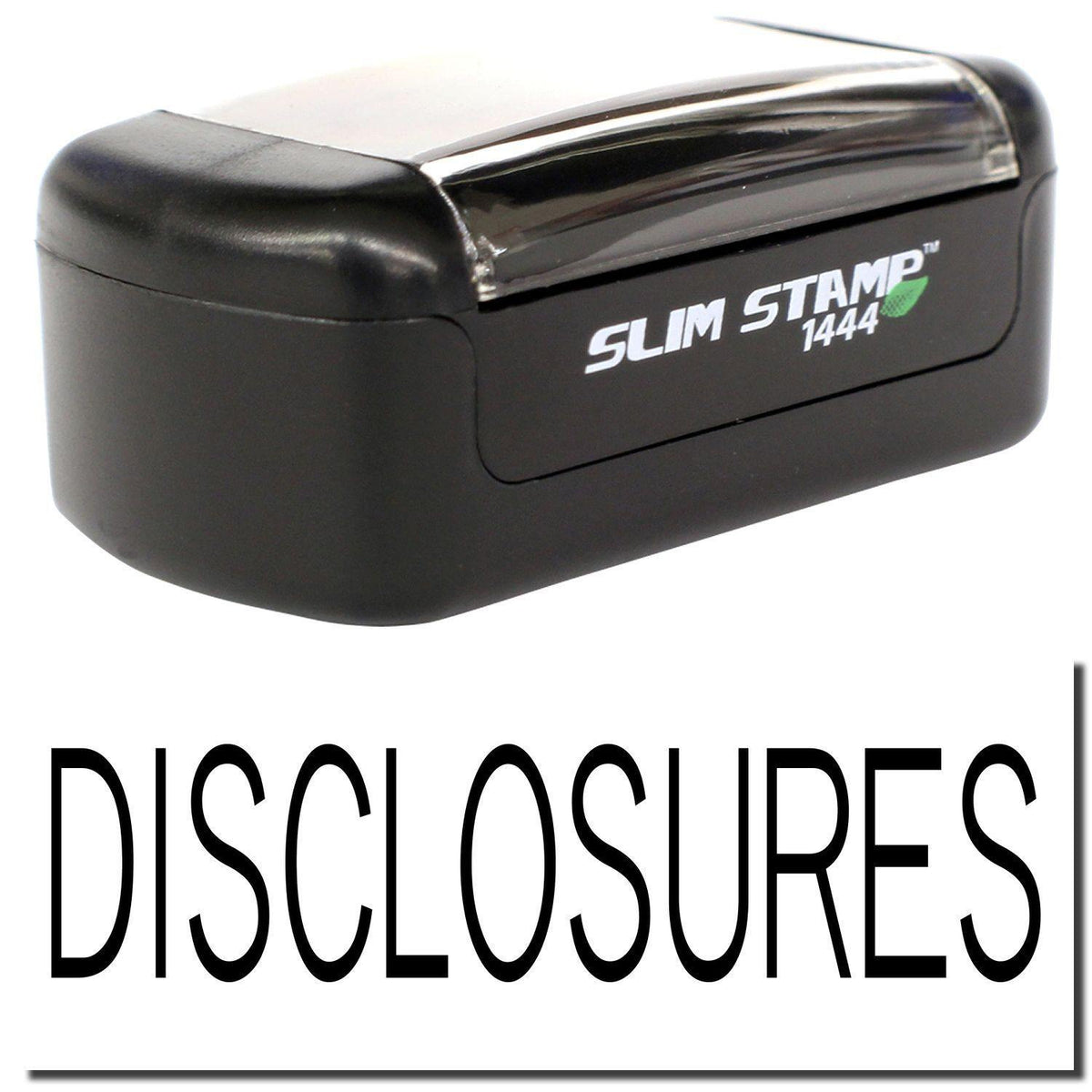 A stock office pre-inked stamp with a stamped image showing how the text &quot;DISCLOSURES&quot; is displayed after stamping.