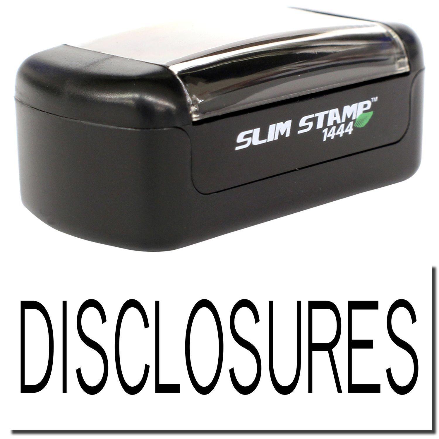 A stock office pre-inked stamp with a stamped image showing how the text "DISCLOSURES" is displayed after stamping.