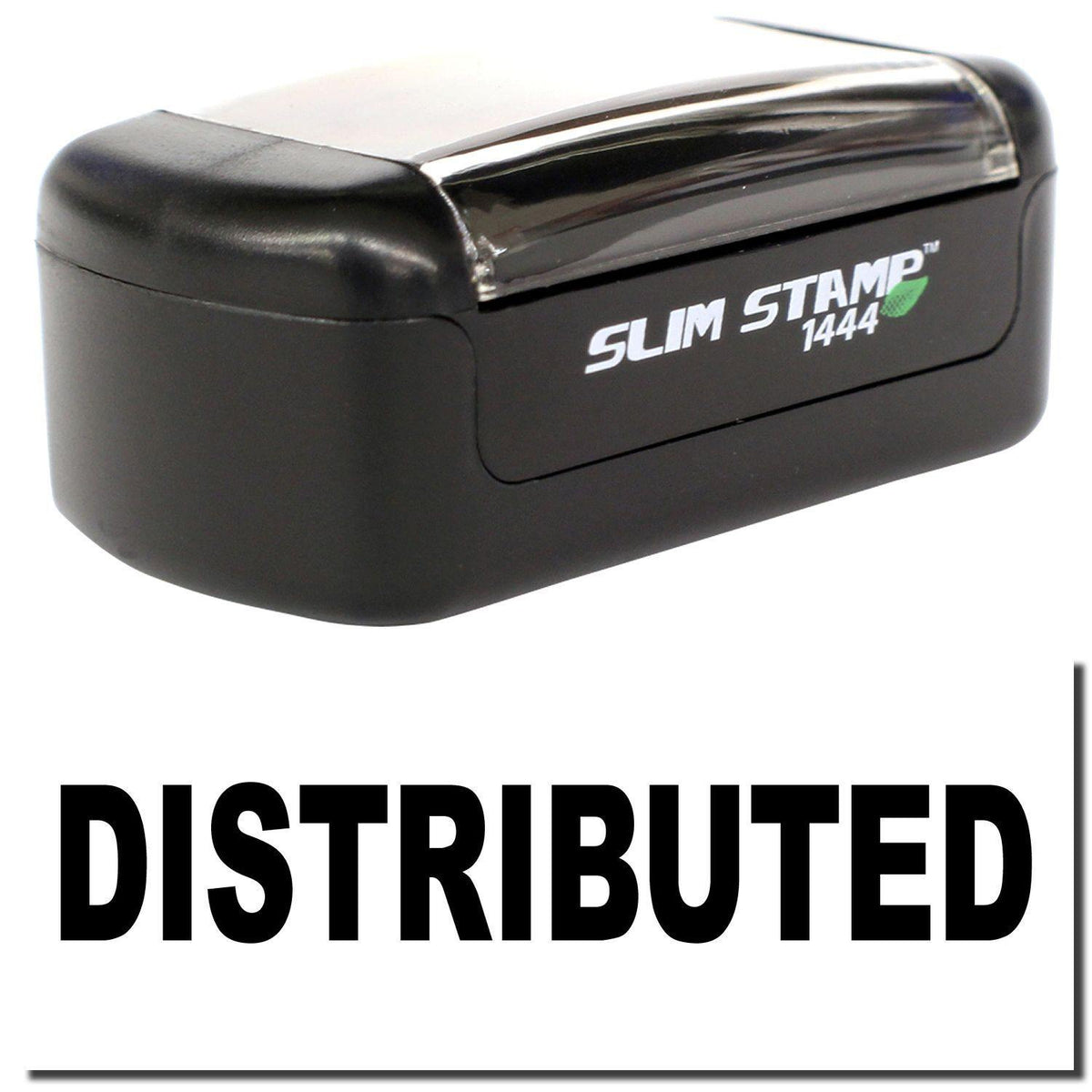 A stock office pre-inked stamp with a stamped image showing how the text &quot;DISTRIBUTED&quot; is displayed after stamping.