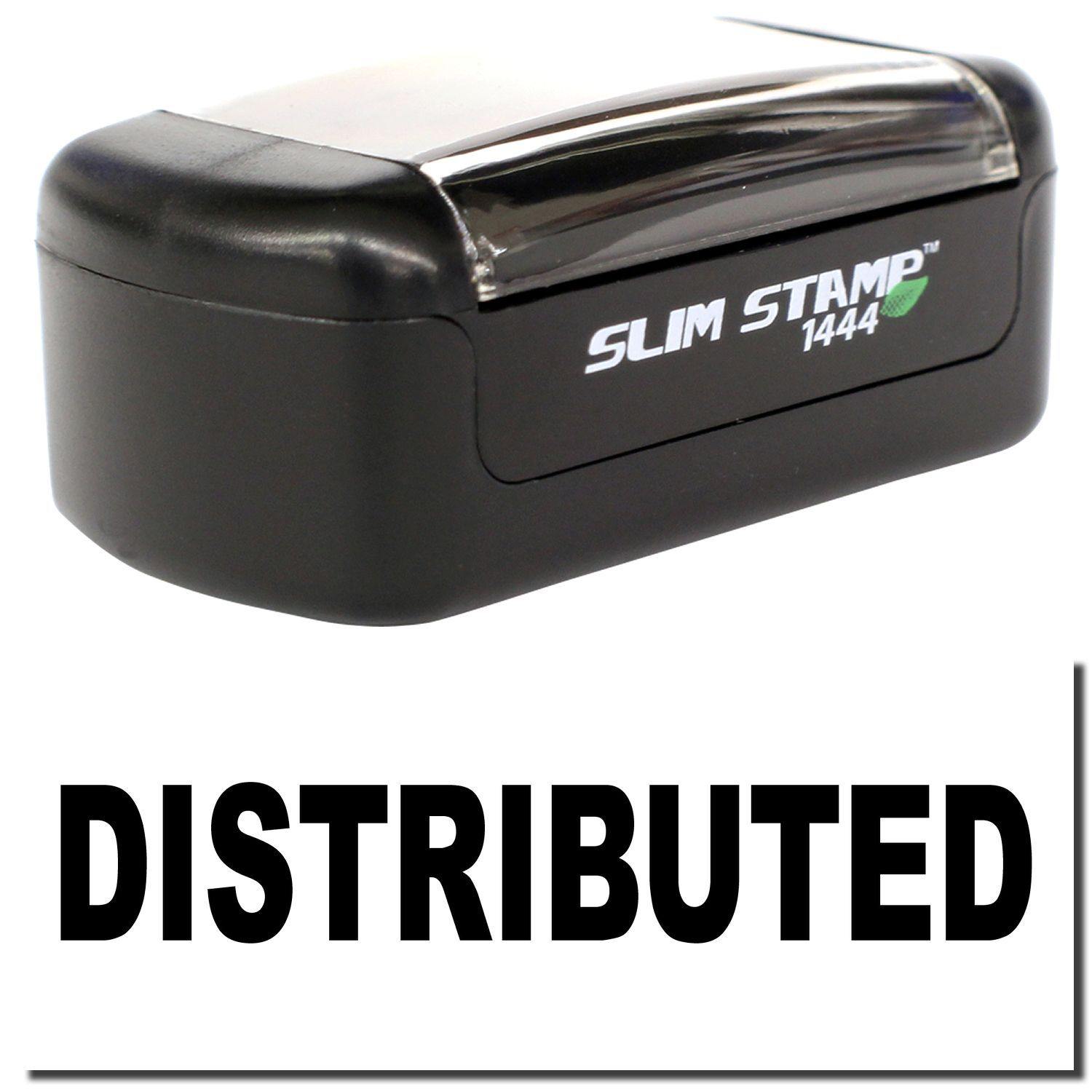 A stock office pre-inked stamp with a stamped image showing how the text "DISTRIBUTED" is displayed after stamping.