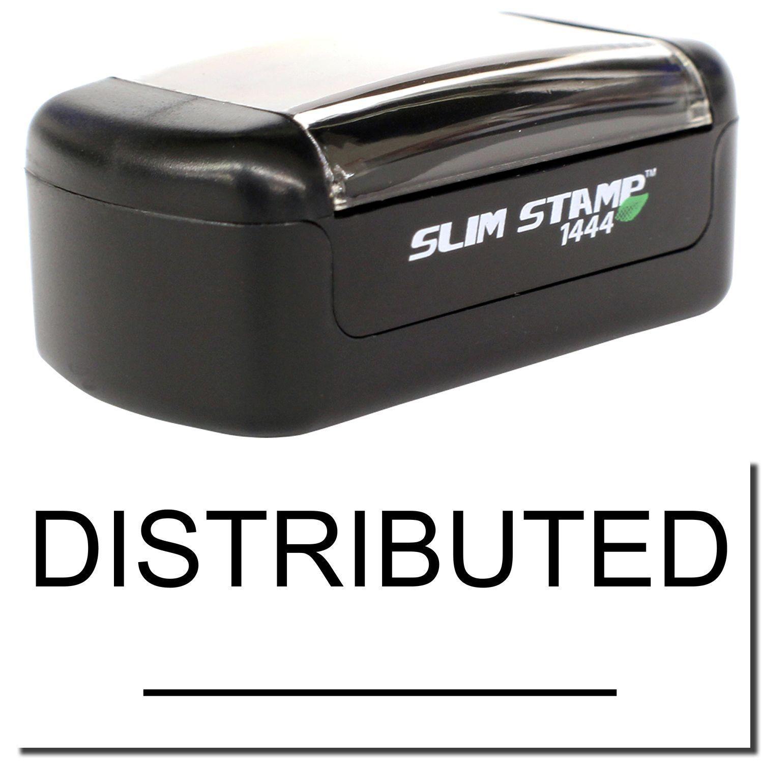 A stock office pre-inked stamp with a stamped image showing how the text DISTRIBUTED with a line underneath the text is displayed after stamping.