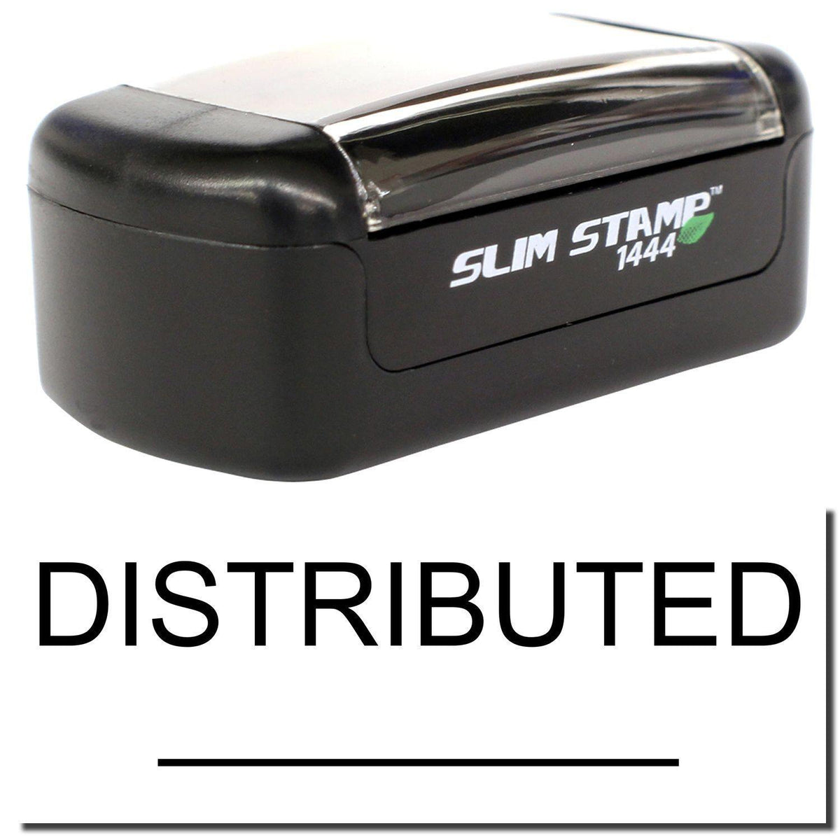 A stock office pre-inked stamp with a stamped image showing how the text &quot;DISTRIBUTED&quot; with a line underneath the text is displayed after stamping.