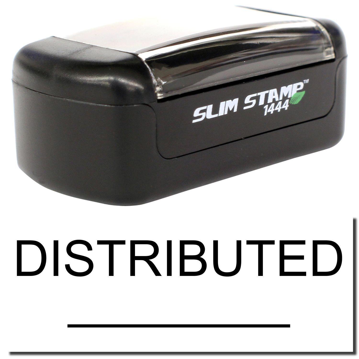 A stock office pre-inked stamp with a stamped image showing how the text "DISTRIBUTED" with a line underneath the text is displayed after stamping.