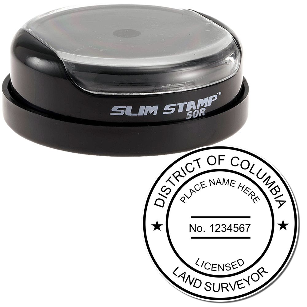 The main image for the Slim Pre-Inked District of Columbia Land Surveyor Seal Stamp depicting a sample of the imprint and electronic files