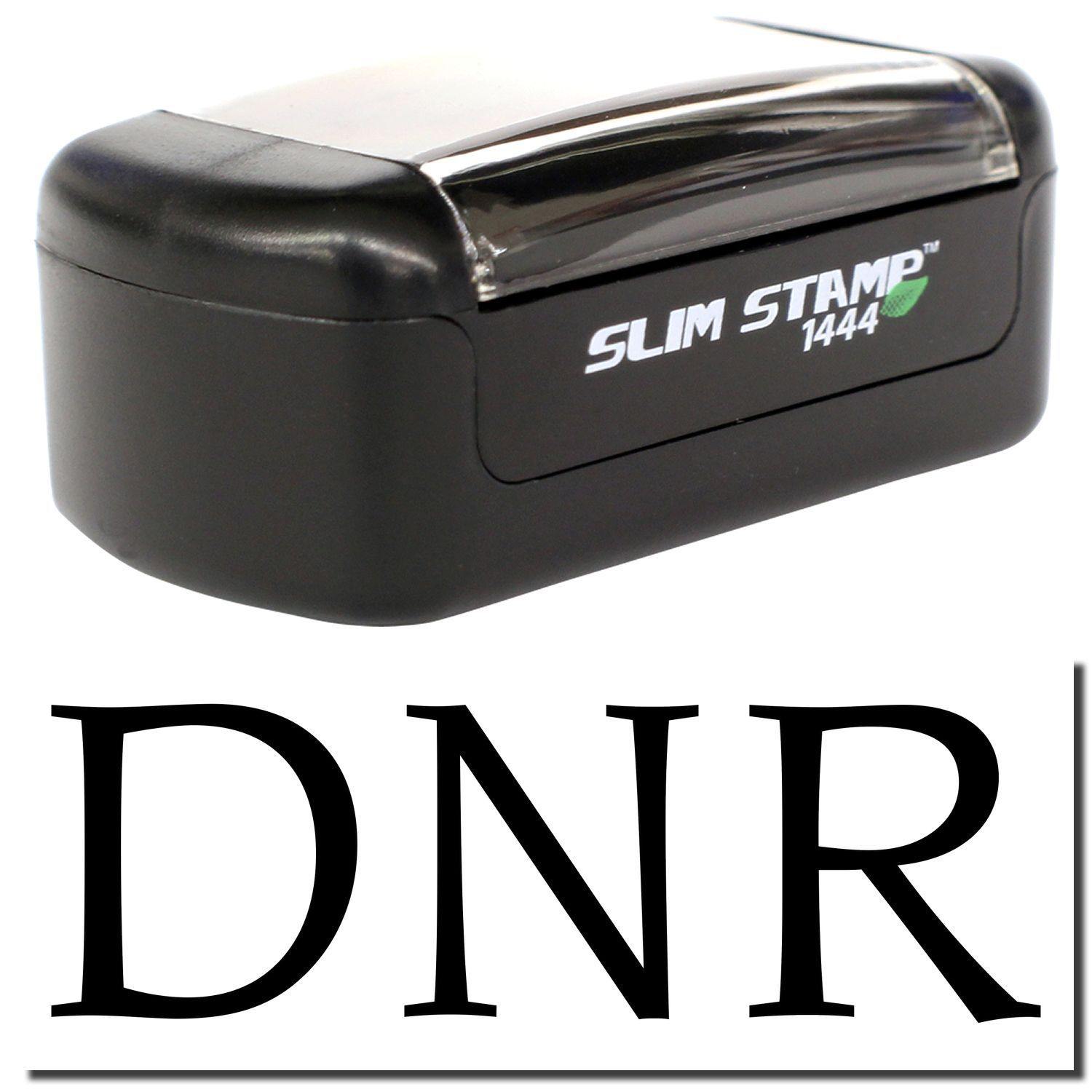 A stock office pre-inked stamp with a stamped image showing how the text DNR is displayed after stamping.