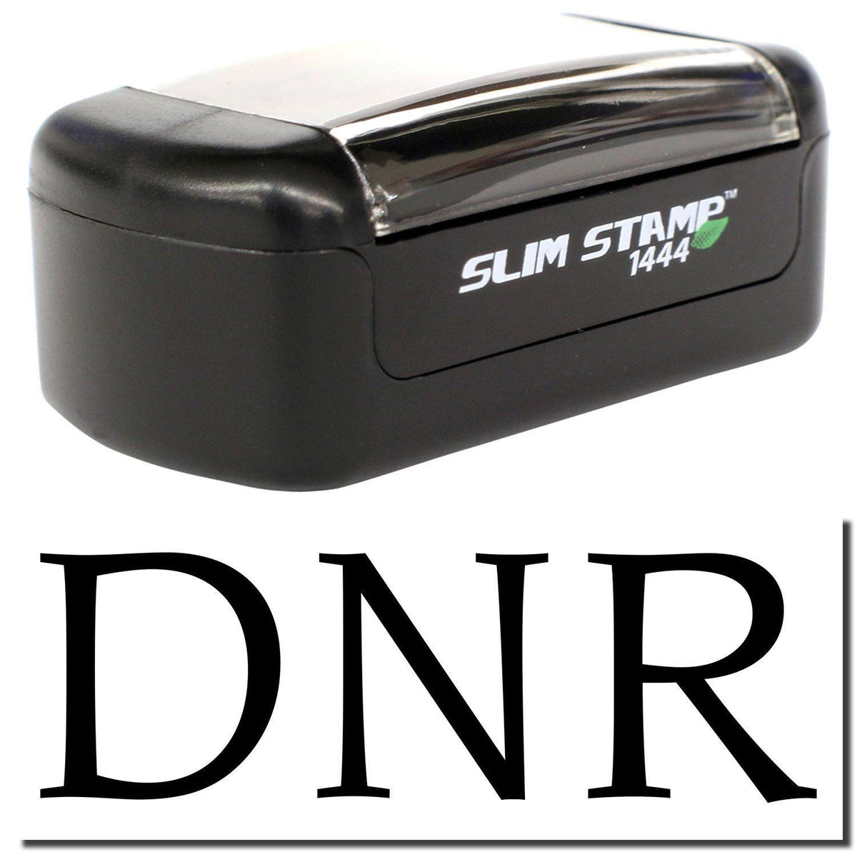 A stock office pre-inked stamp with a stamped image showing how the text &quot;DNR&quot; is displayed after stamping.
