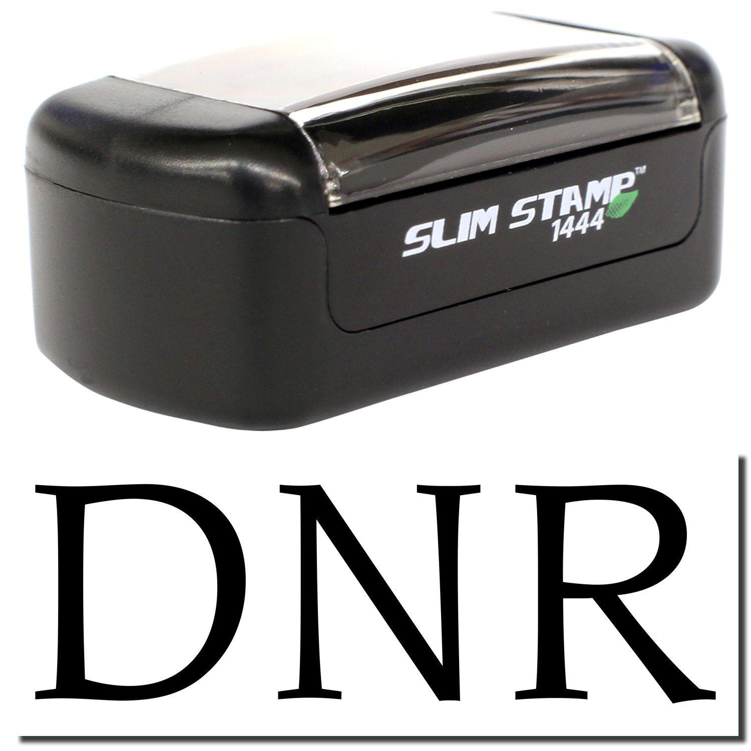 A stock office pre-inked stamp with a stamped image showing how the text "DNR" is displayed after stamping.
